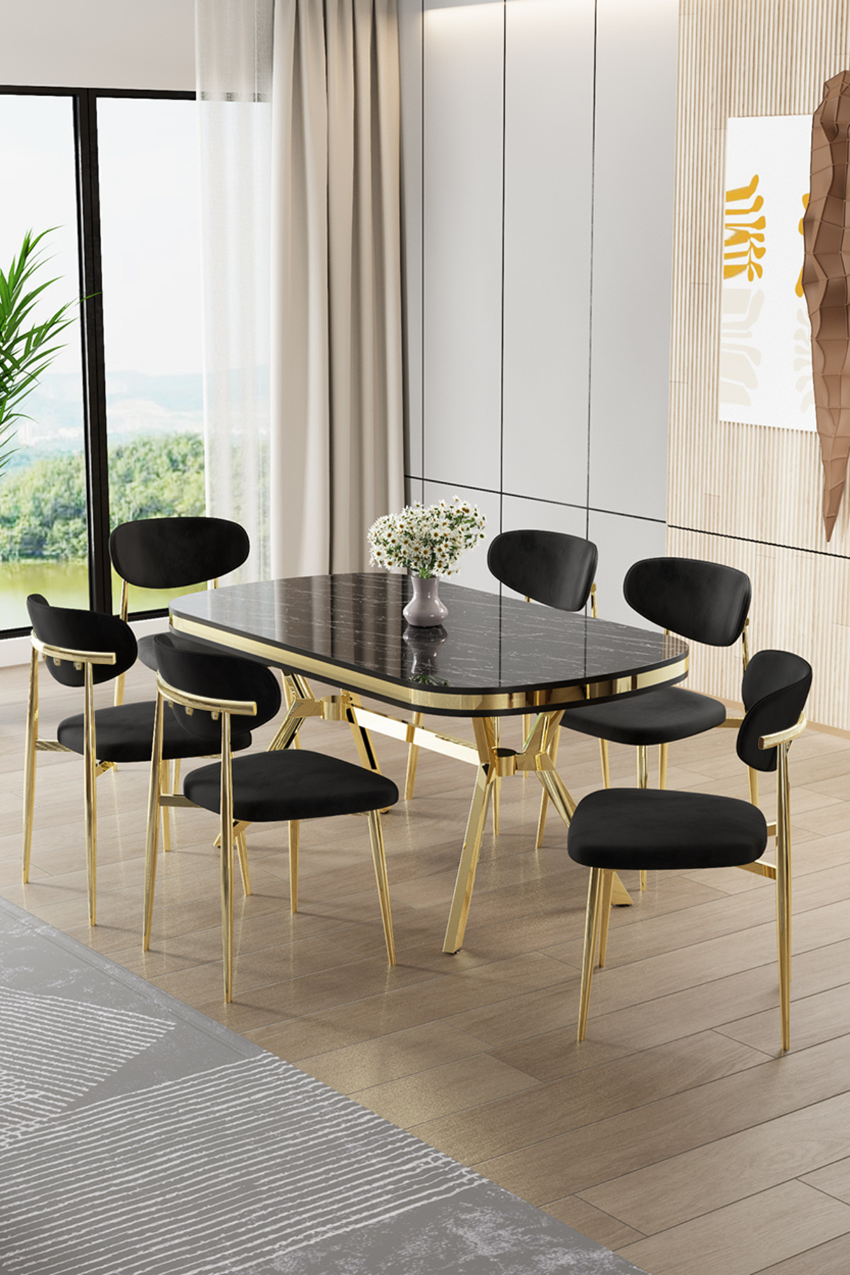 Canisa Olya Serisi 90x168 Lak Panel Sonata Masa Takımı Gold Ayaklı