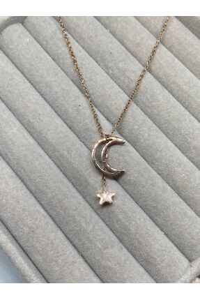 Kaan Accessoire Çelik Minimal Ay Hilal ve Sallantılı Yıldız Kolye Rose Gold K...