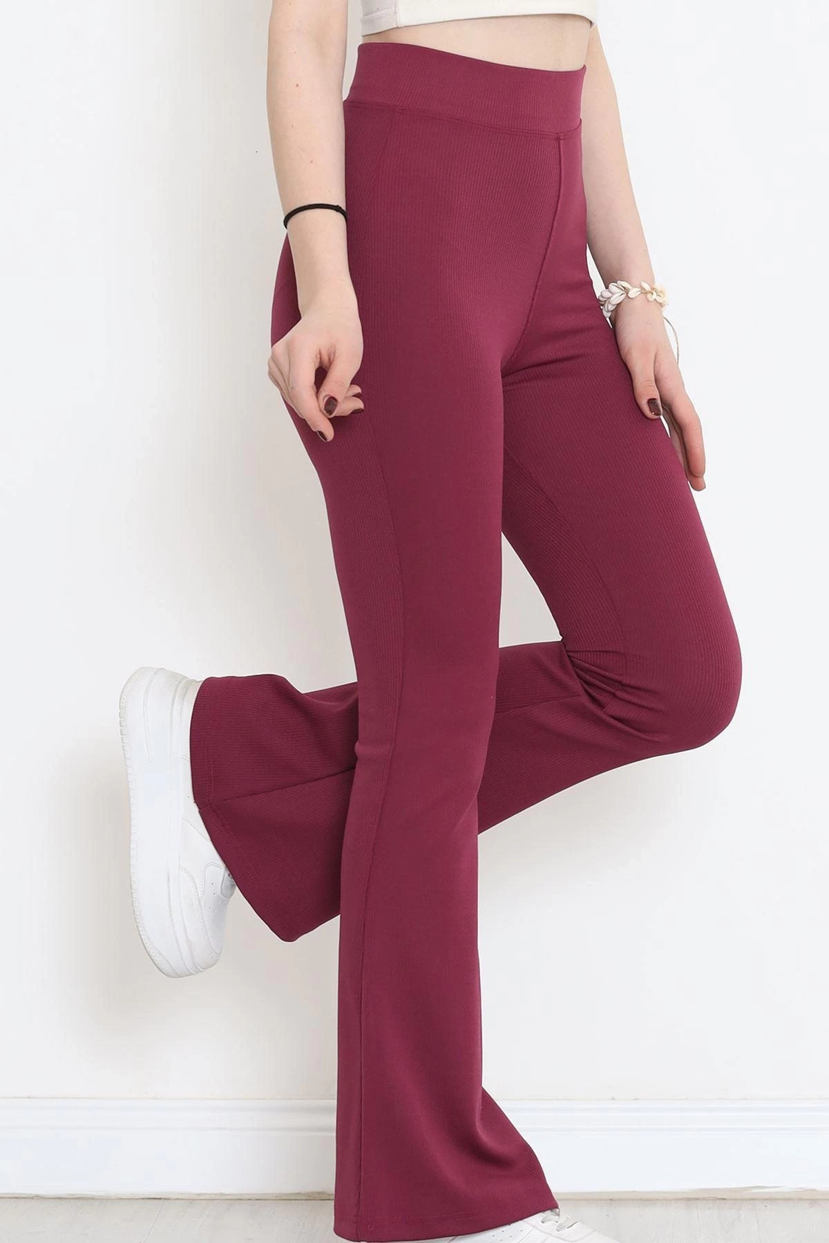 Kuzgun Ticaret Şık Ve Rahat Yüksek Bel İspanyol Paça Fitilli Toparlayıcı Mürdüm Tayt