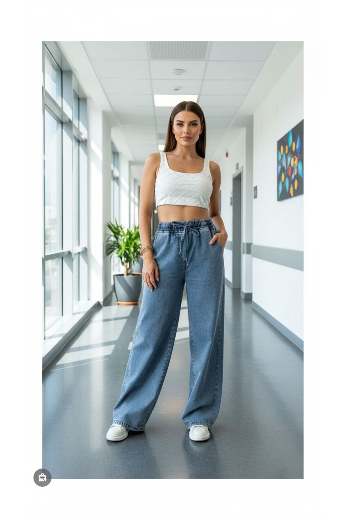comfort jeans Kadın Sahra Likrasız Bağcıklı Beli Lastikli Mavi Yüksek Bel Geniş Paça Bol Palazzo Jean Pantolon görsel 3