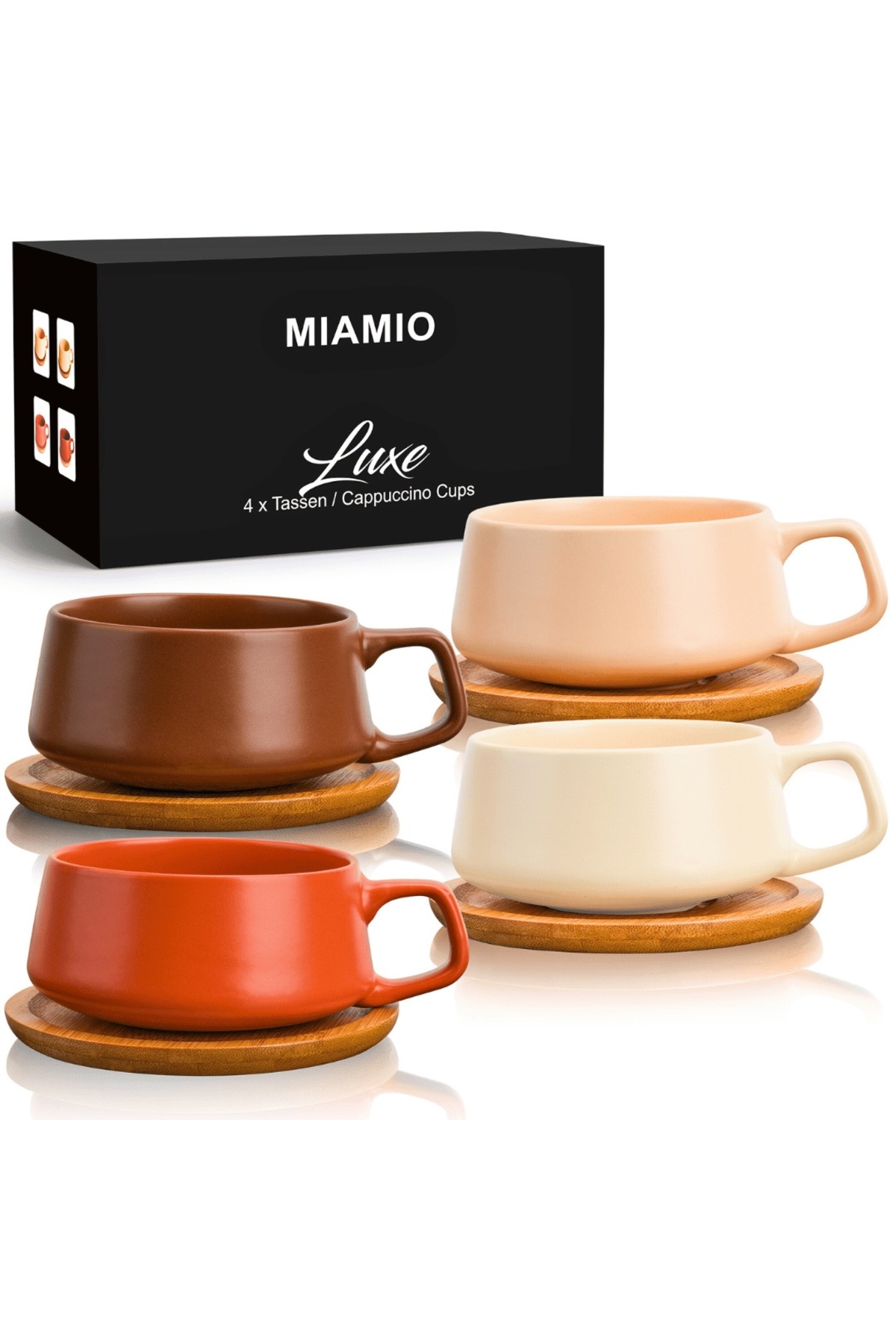 MIAMIO Комплект от 4 чаши за капучино с бамбукова чинийка, колекция Luxe, кер...