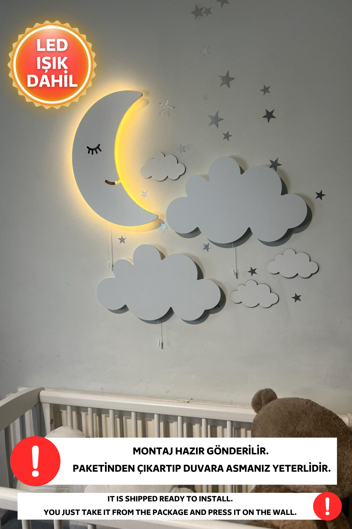 Dekorvin 2 Bulut Gece 1 Işıklı Ay Lambası Bebek Çocuk Odası Duvar Dekorasyonu Aydınlatma Ahşap Gece Lambası fotoğrafı 2 (önizleme)