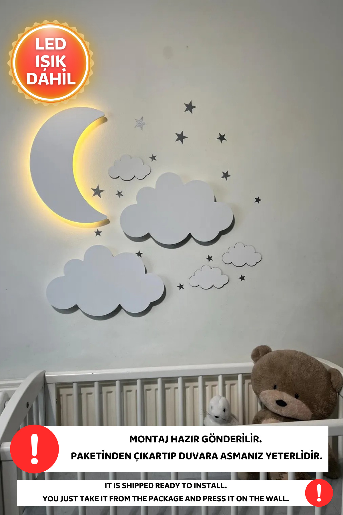 Dekorvin 2 Bulut 1 Ay Dede Set Gece Lambası Bebek Çocuk Odası Duvar Dekorasyonu Aydınlatma Ahşap Gece Lambası fotoğrafı 2 (önizleme)