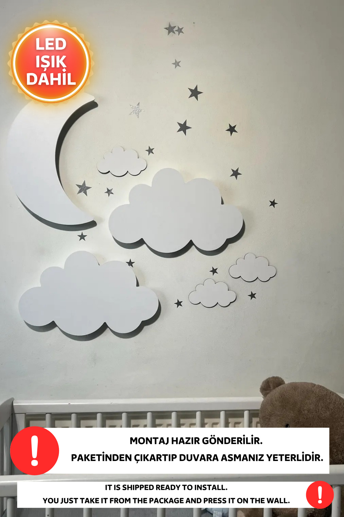 Dekorvin 2 Bulut 1 Ay Dede Set Gece Lambası Bebek Çocuk Odası Duvar Dekorasyonu Aydınlatma Ahşap Gece Lambası fotoğrafı 3 (önizleme)