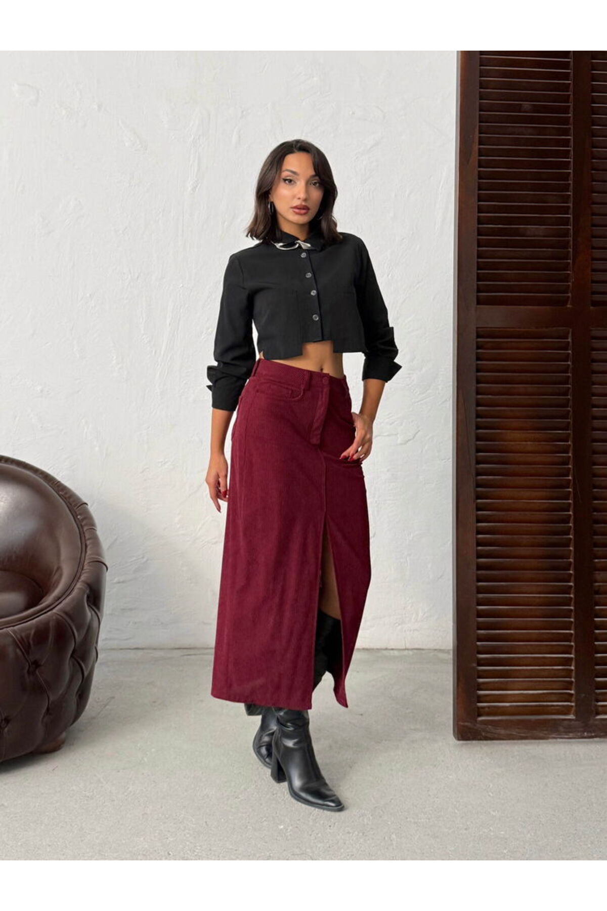 ND Corduroy Skirt - Claret Red- Trendyol