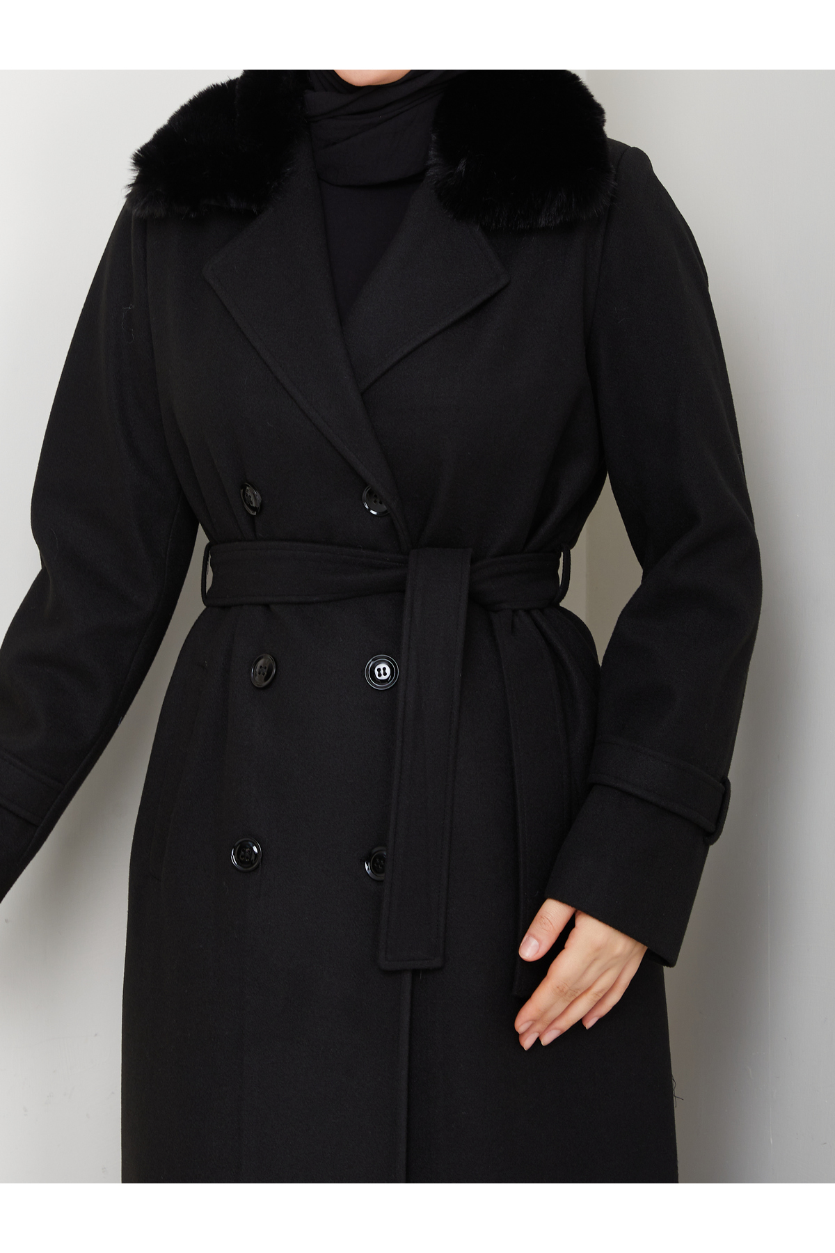 Moda İncir  KRUVAZE YAKALI KÜRKLÜ KAŞE MANTO - Görsel 6