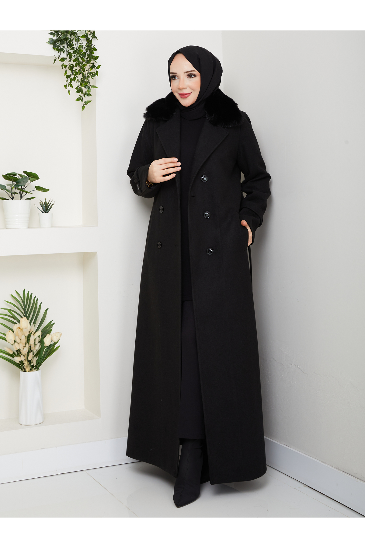 Moda İncir  KRUVAZE YAKALI KÜRKLÜ KAŞE MANTO - Görsel 7