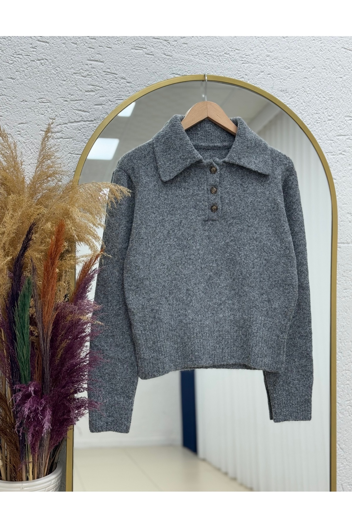 MİHRA STORE Fiametta Yakalı 3 Düğmeli Kısa Sakallı Kazak-Zİ7019 Antrasit