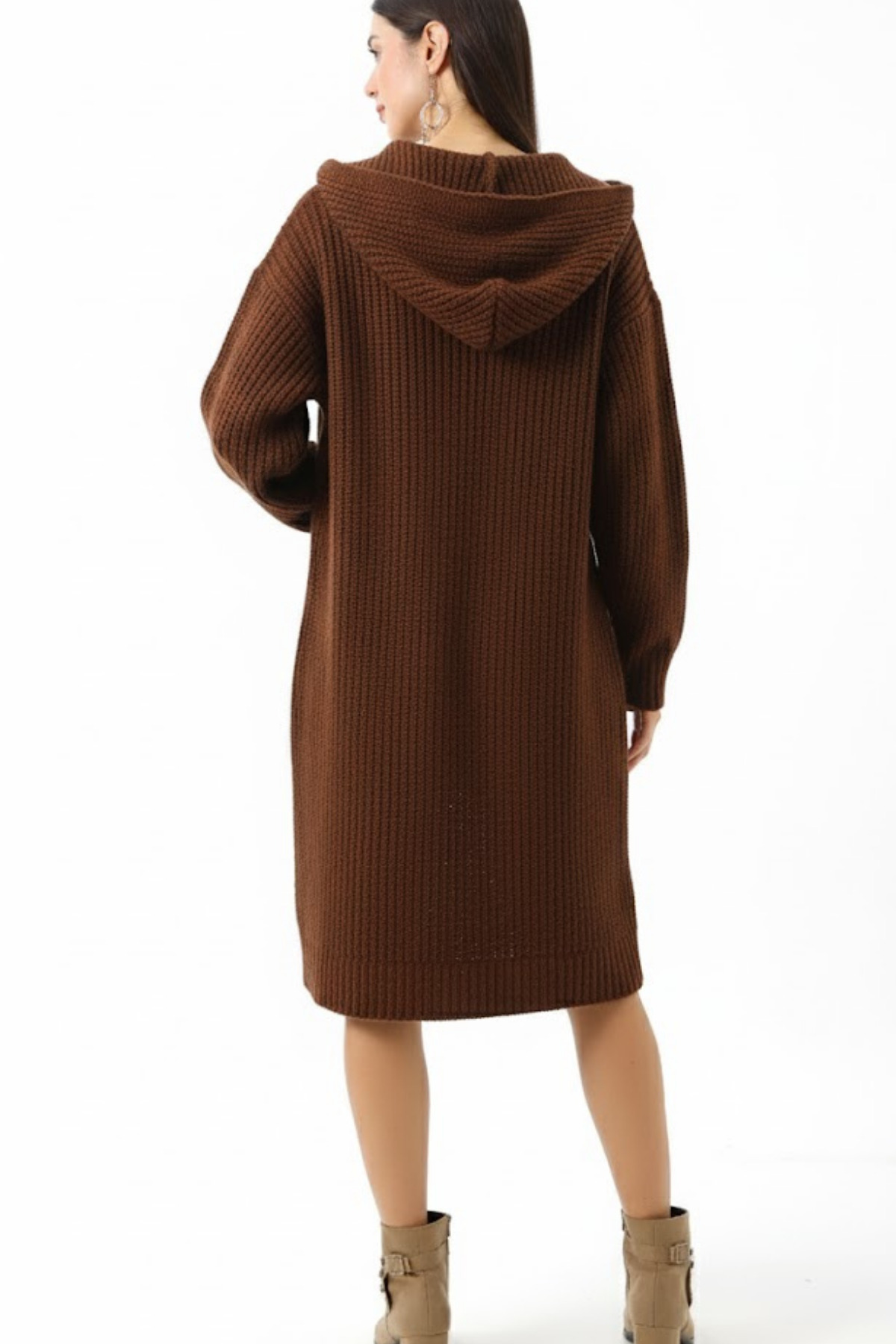 Marvine  Kadın Kahverengi Oversize Cepli Kapüşonlu Triko Hırka - Görsel 3