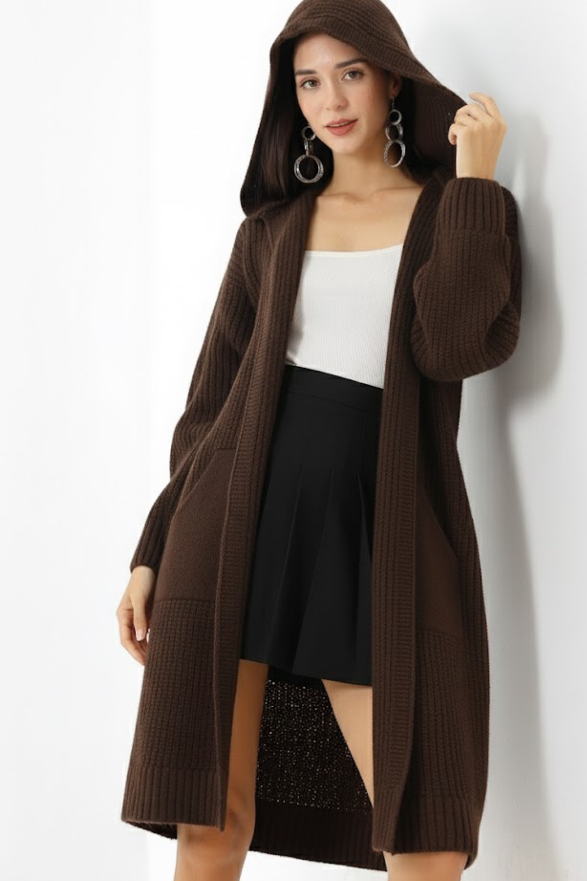 Marvine  Kadın Kahverengi Oversize Cepli Kapüşonlu Triko Hırka