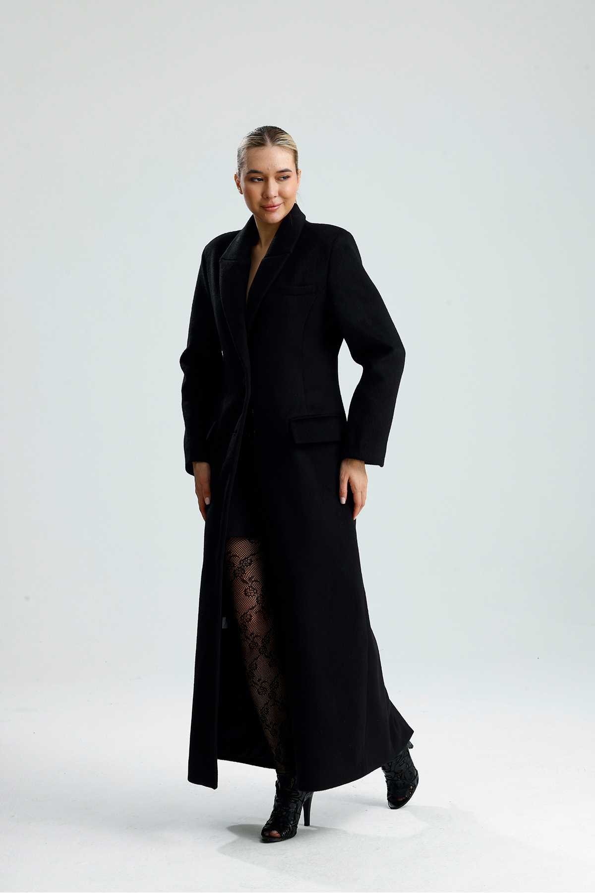 GACA COLLECTION  MARTA Belden Oturtmalı Kaşe Siyah Uzun Kaban - Görsel 3