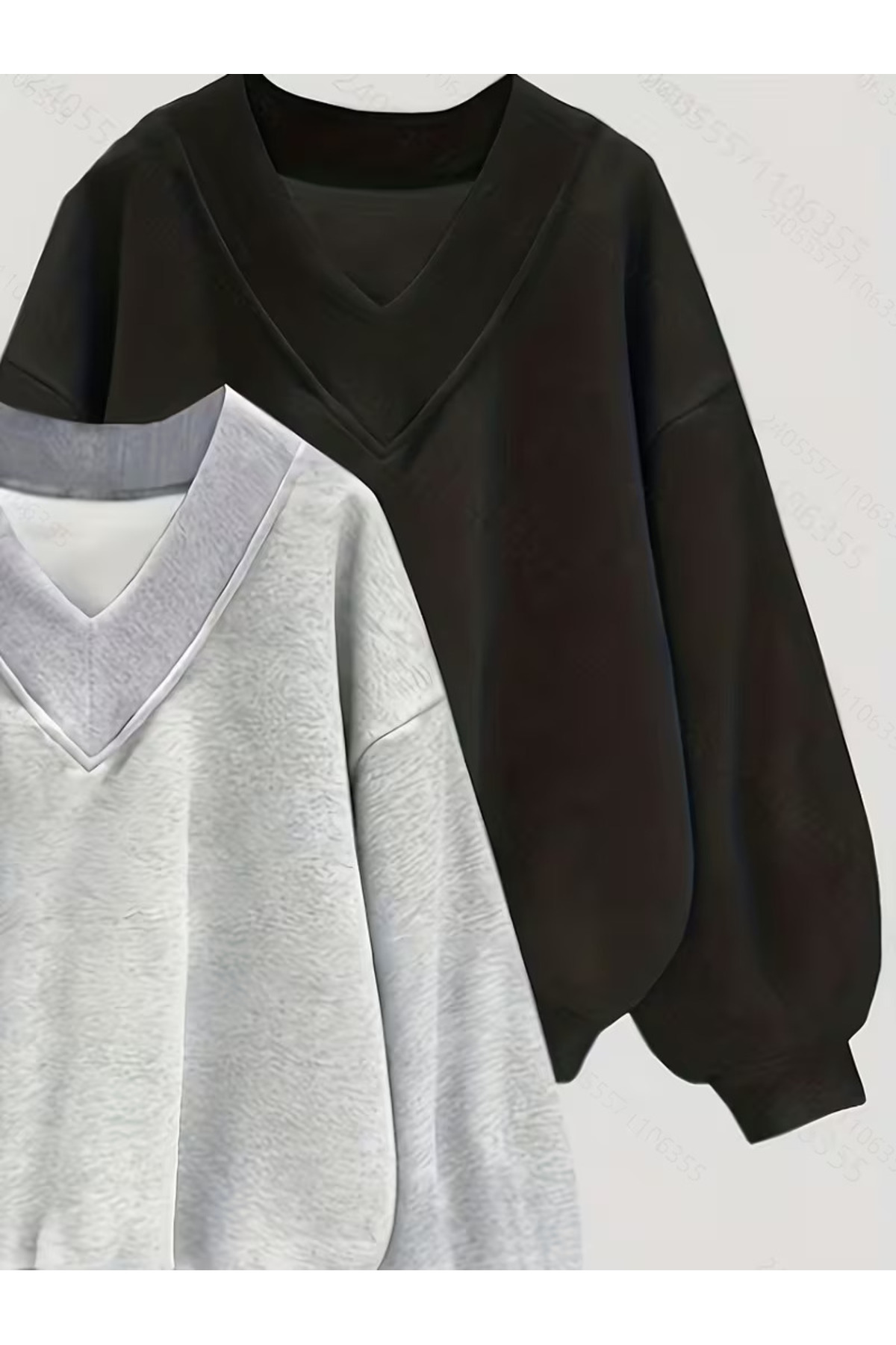 FUWEAR Kadın Siyah - Gri 2 Renk V Yaka Oversize Sweatshirt görsel 3