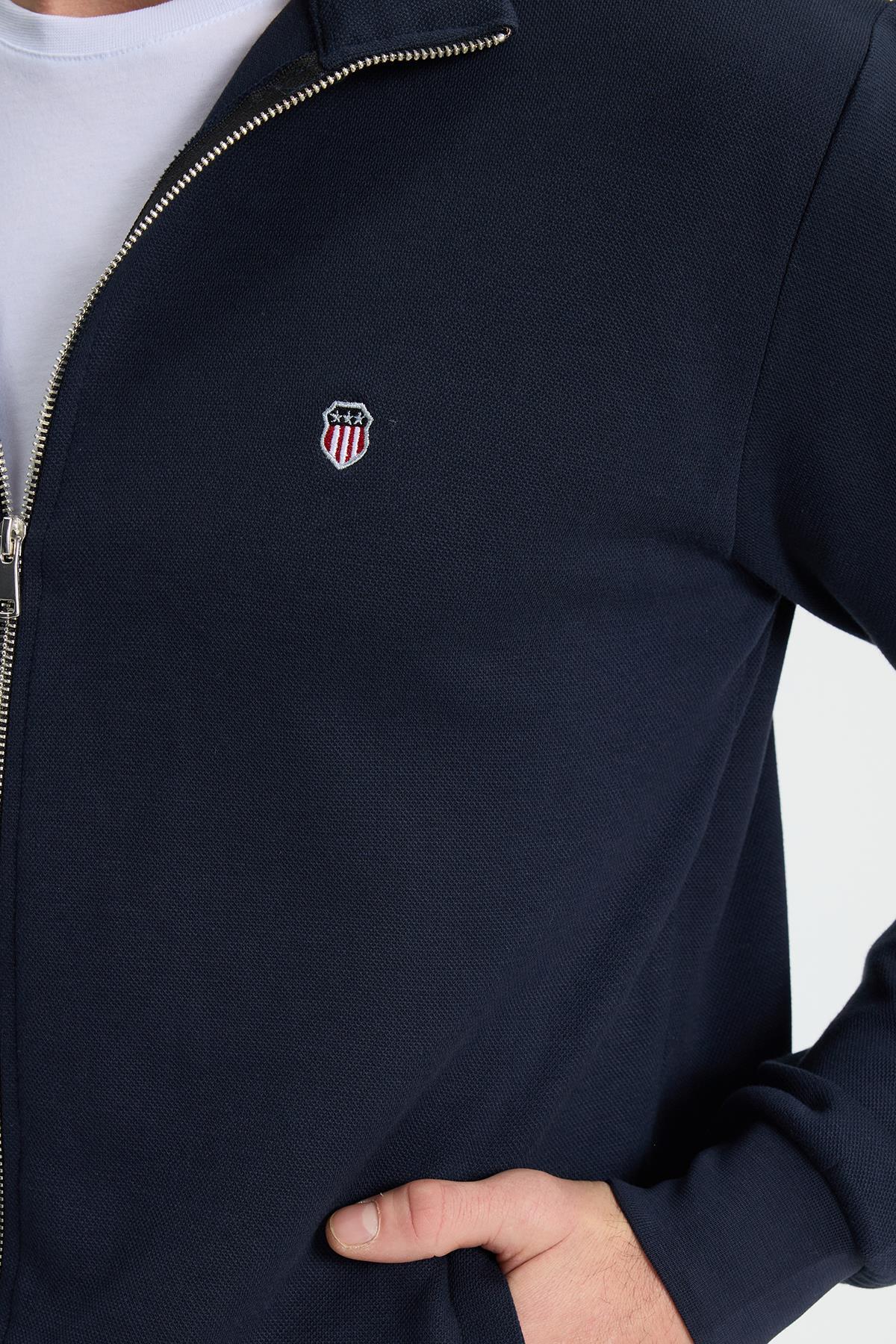Tudors Erkek Slim Fit Dar Kesim Pamuklu Tam Fermuarlı Çift Cepli Dik Yaka Lacivert Sweatshirt Hırka görsel 3