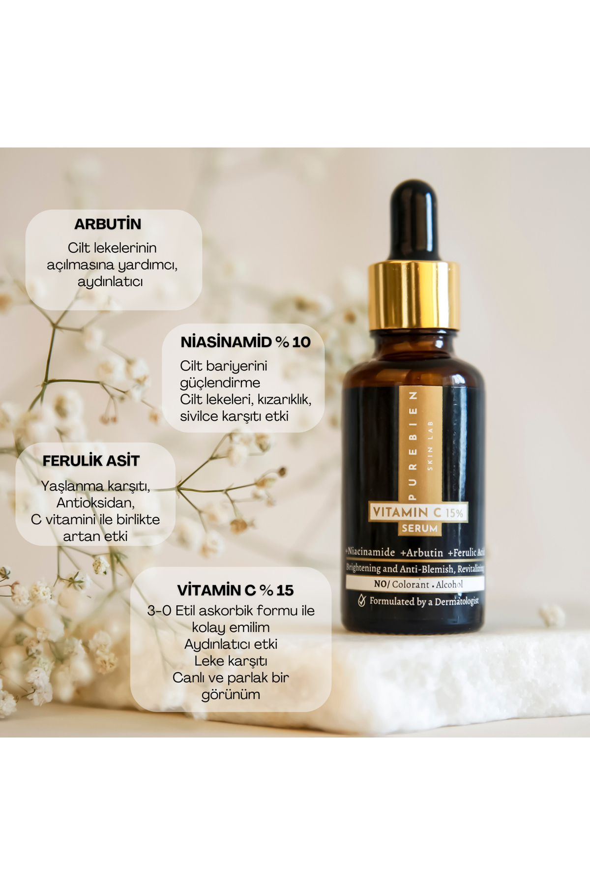 %15 C Vitamini Serum Niacinamid +Arbutin +Ferulik Asit — 10004 — تصویر 3 از 4