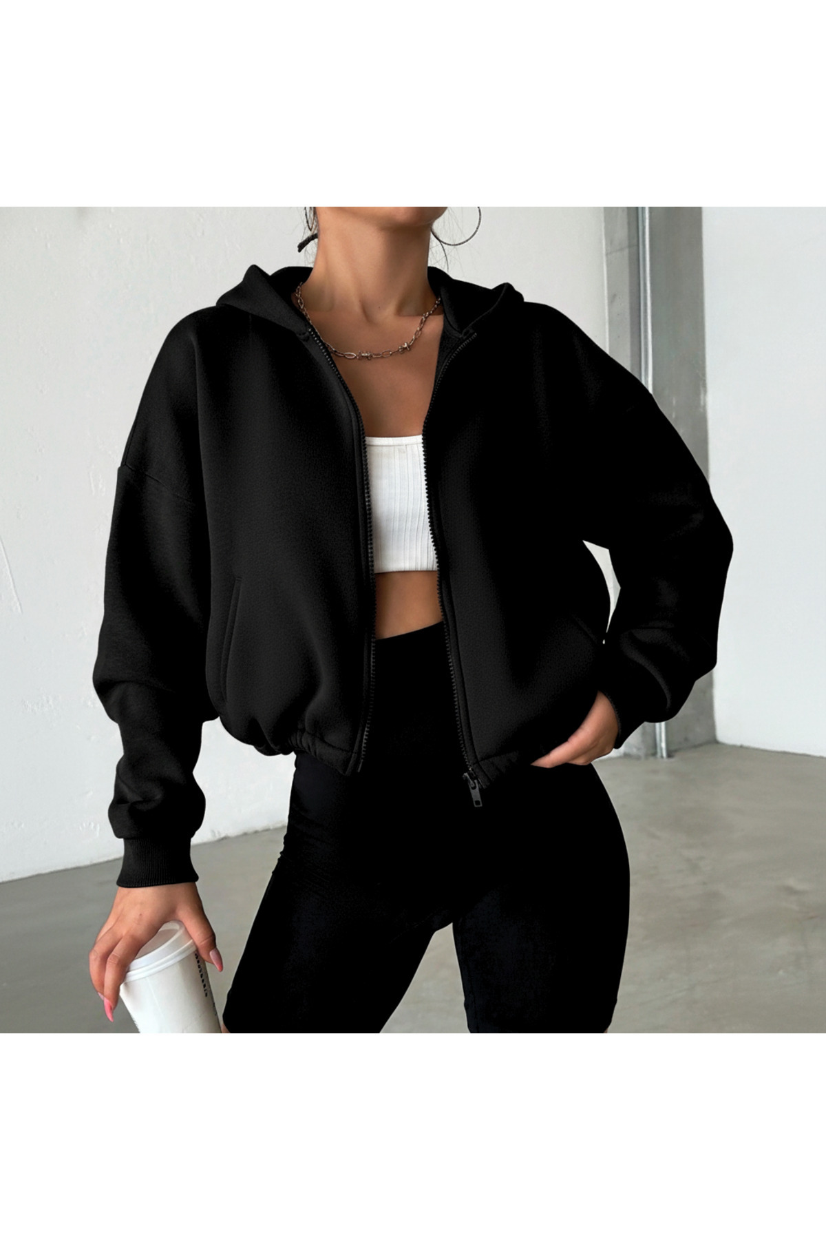 BRZ COLLECTION Жіночий оверсайз базовий кроп-худі з блискавкою, чорний