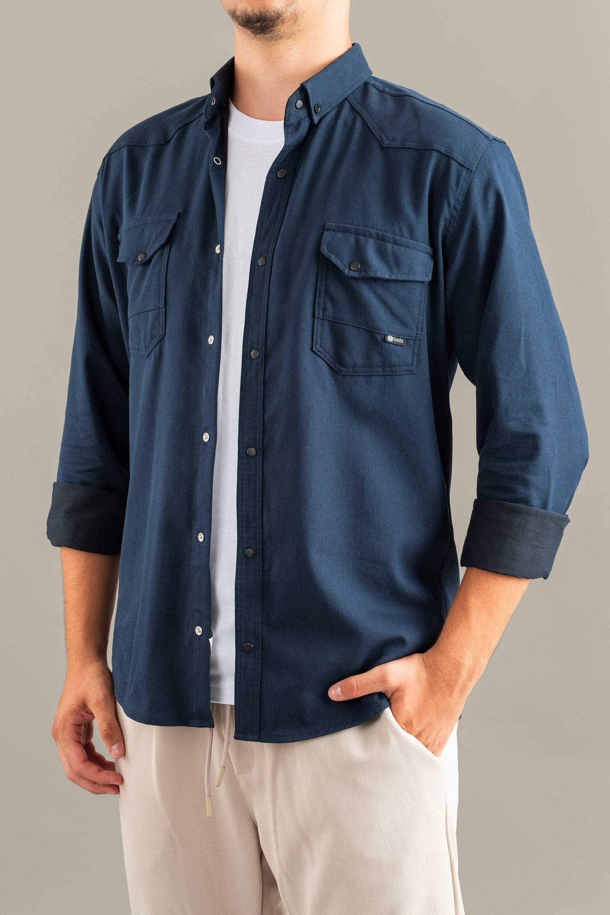 bombe  Slim Fit Erkek Mevsimlik Kot Gömlek Açık Buz Mavi - Görsel 5