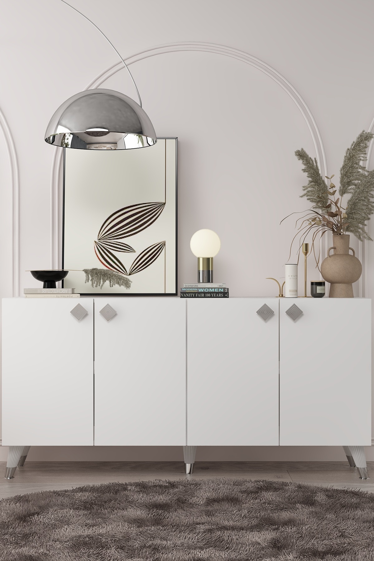 ATEK DİZAYN NEFES KARE01-KNS150-8200AD KONSOL TV ÜNİTESİ BEYAZ GÜMÜŞ