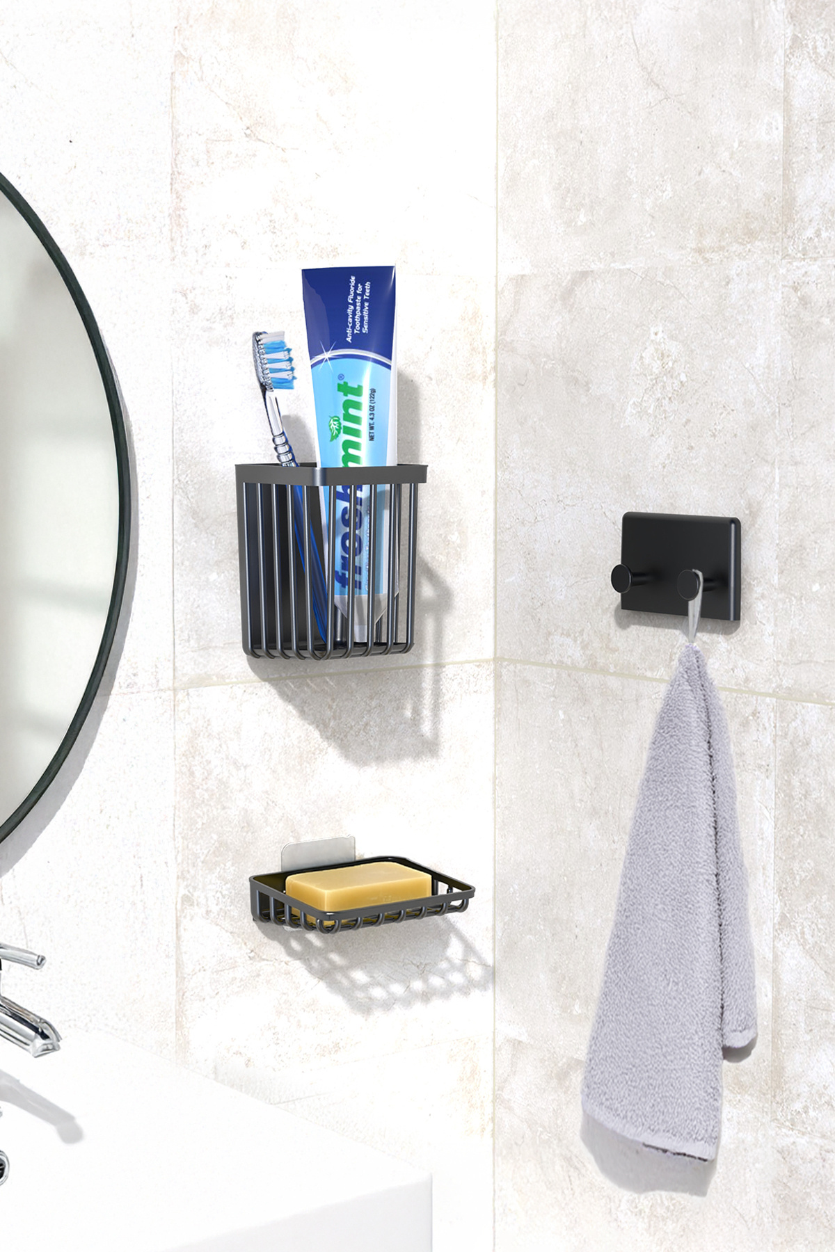 3 lü Yapışkanlı Banyo Düzenleyici Diş Fırçalık Sabunluk Askılık Takımı Banyo Duvar Rafı Organizer