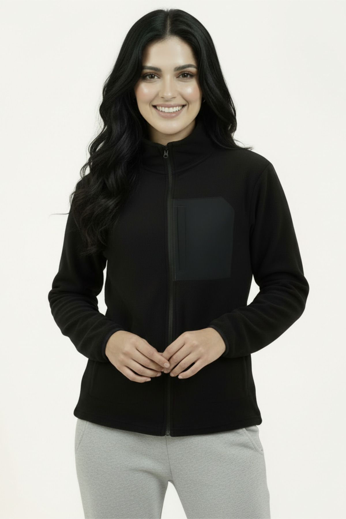 Veleno Siyah Kadın Softshell Anti Peeling Polar Ceket 3 Cepli Tam Fermuarlı Ön Parça Detaylı