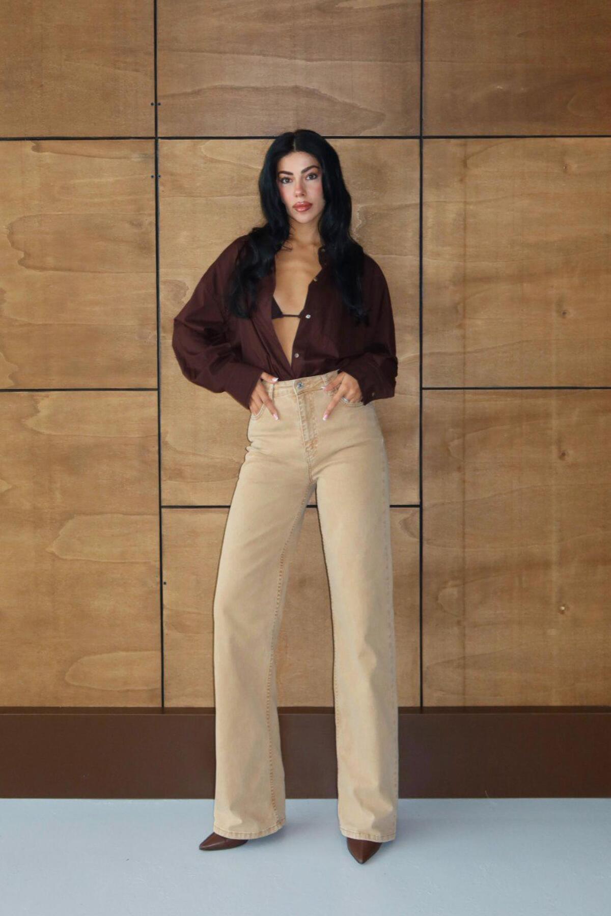 LACARINO  7869 Wide Leg Kadın Gül Baskılı Jean Pantolon - Görsel 3