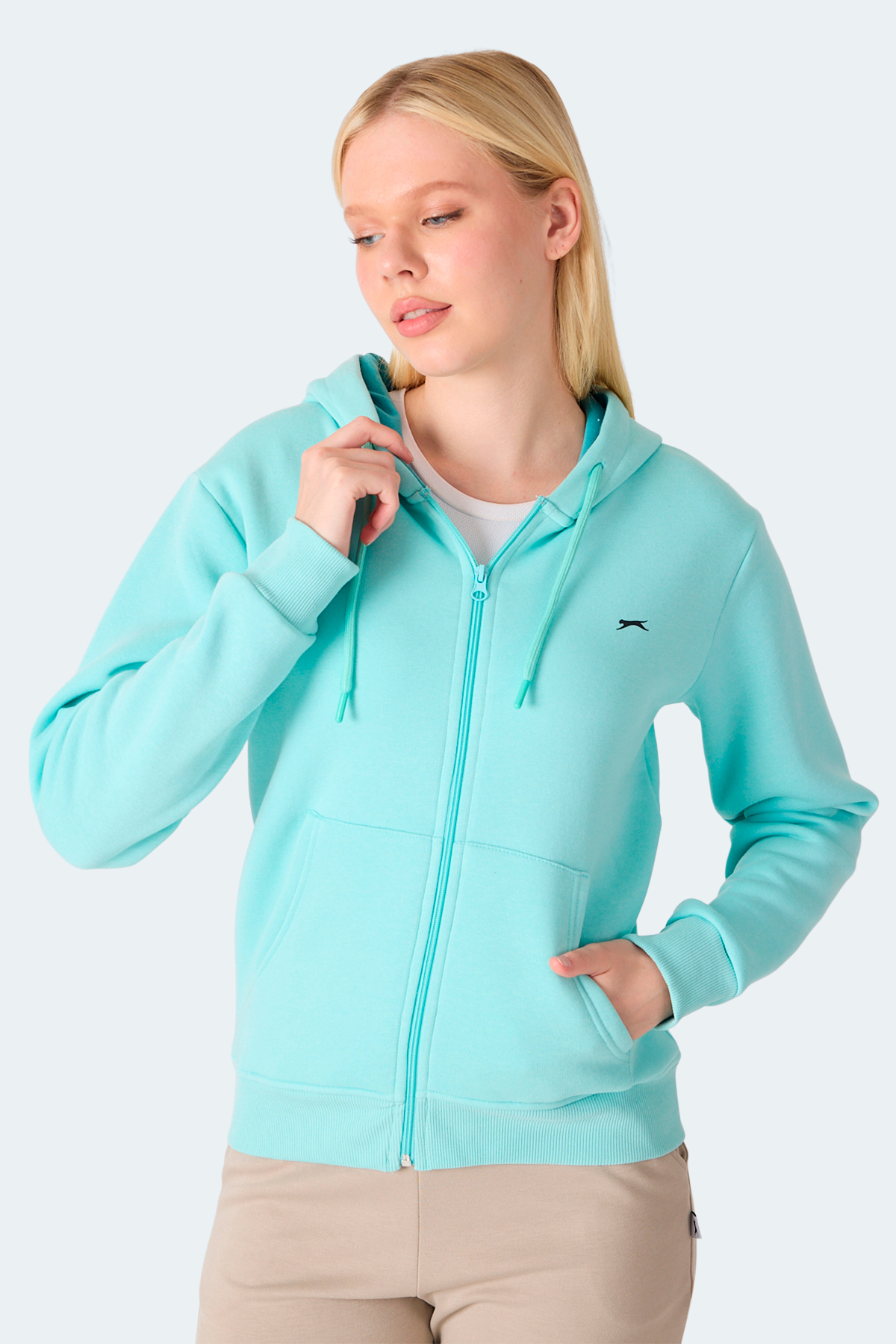 Slazenger MILIO I Kadın Fermuarlı Kapüşonlu Cepli Turkuaz Sweatshırt görsel 5