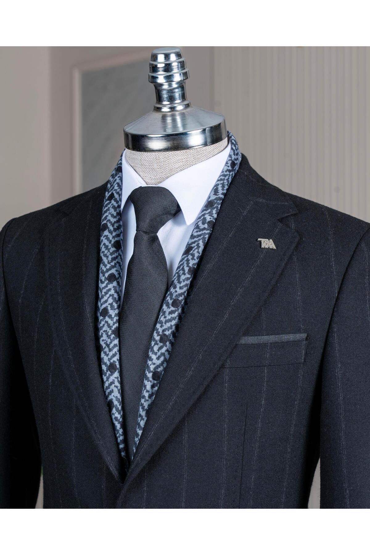 TerziAdemAltun İtalyan stil slim fit yün karışımlı erkek ceket pantolon takım elbise siyah T14653 görsel 2