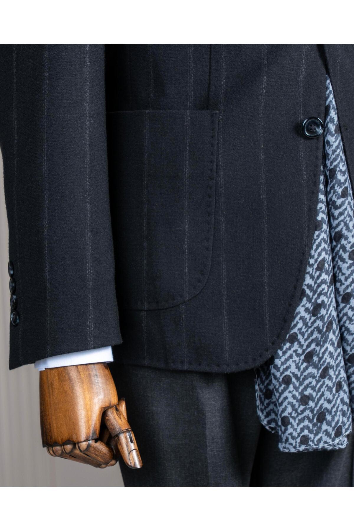 TerziAdemAltun İtalyan stil slim fit yün karışımlı erkek ceket pantolon takım elbise siyah T14653 görsel 4