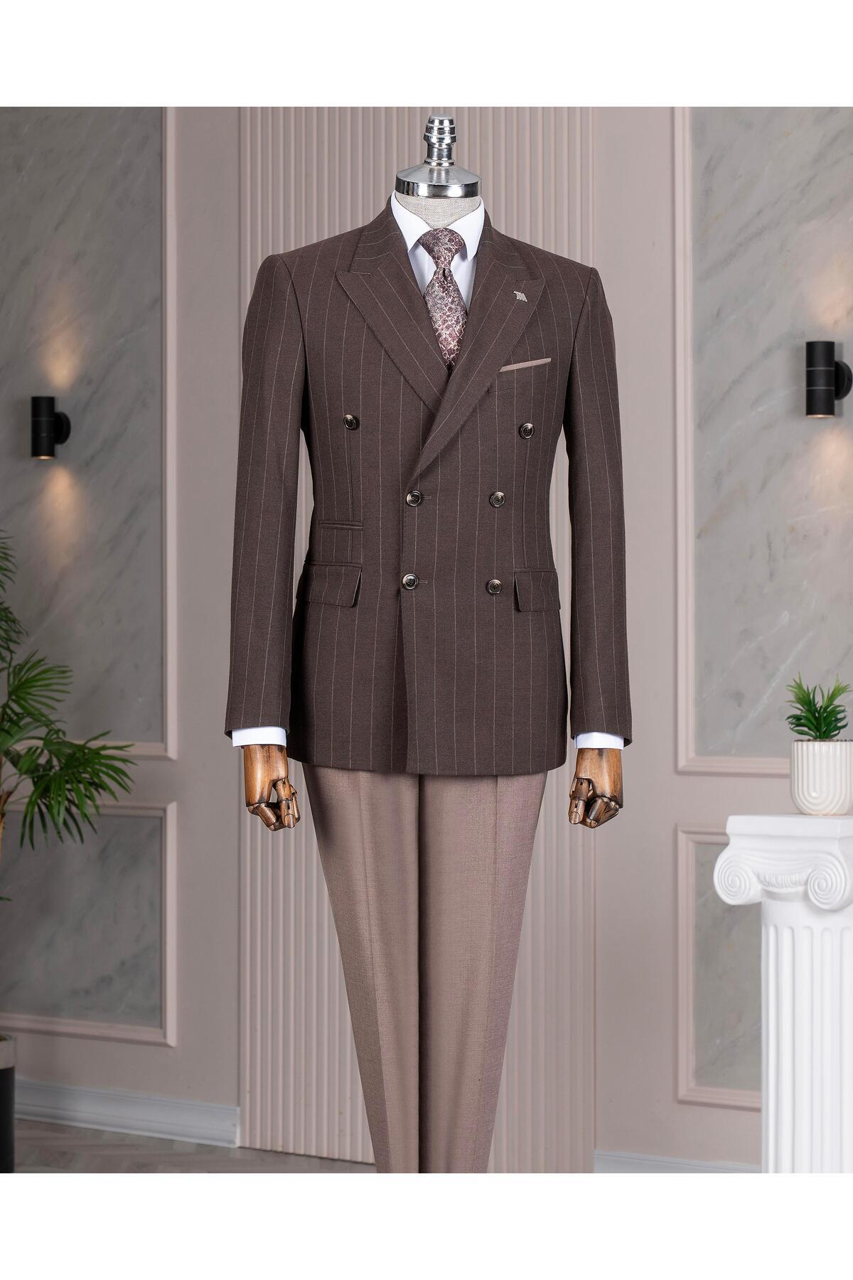 TerziAdemAltun Italian Style S Slim Fit K Double-Breasted Jacket Pants Combination Suit Brown T14657