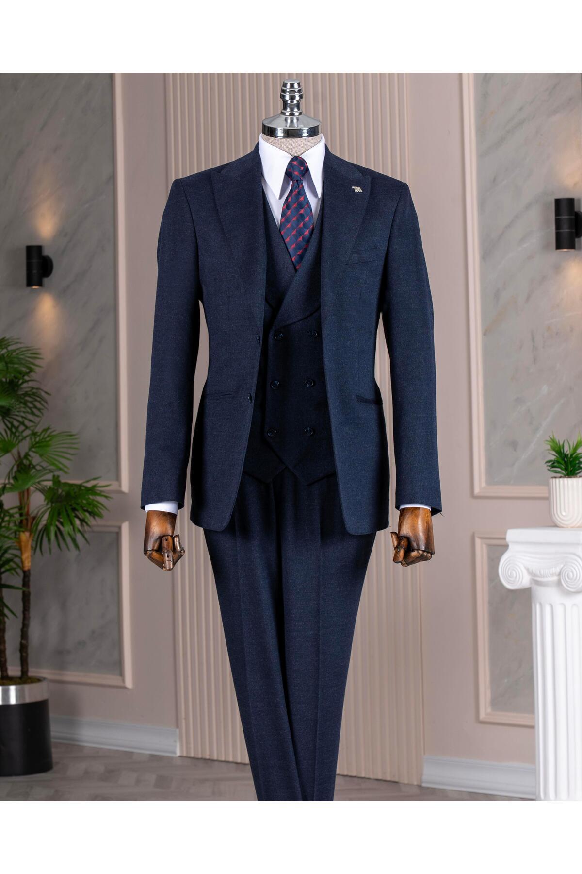 TerziAdemAltun İtalyan stil slim fit sivri yaka ceket yelek pantolon takım elbise lacivert T14678 görsel 4