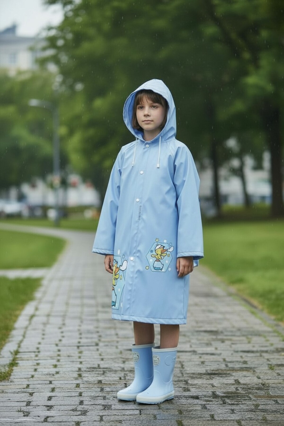 VANCKEY EVA Kumaş Kapüşonlu Desenli Cepsiz Çıtçıtlı Çocuk Yağmurluğu Çanta Koruyuculu Çocuk Yağmurluk fotoğrafı 3 (önizleme)