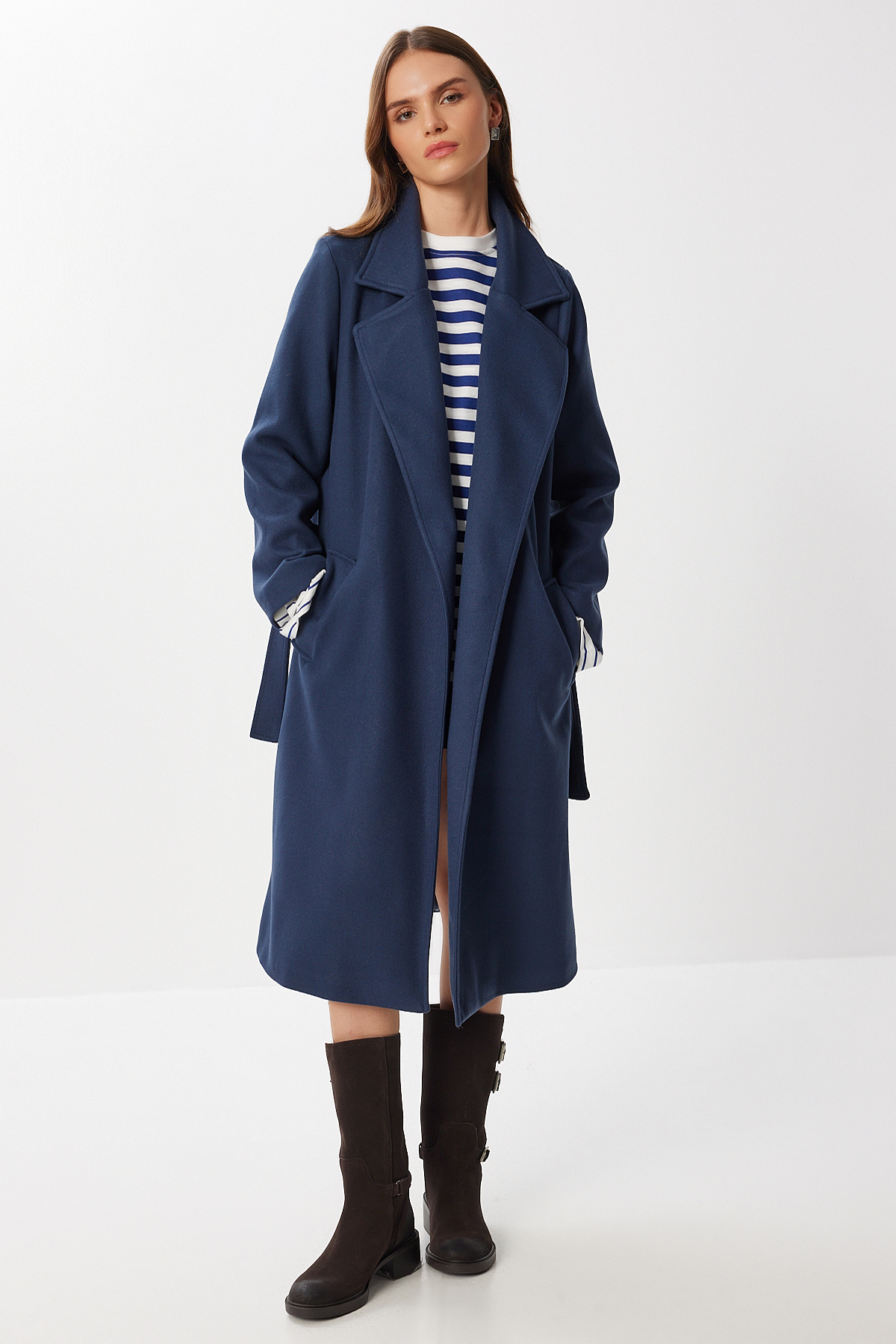 Lovelyİstanbul  Kruvaze Yaka Kuşaklı Kaşe Kaban LGP0030 LACİVERT - Görsel 3