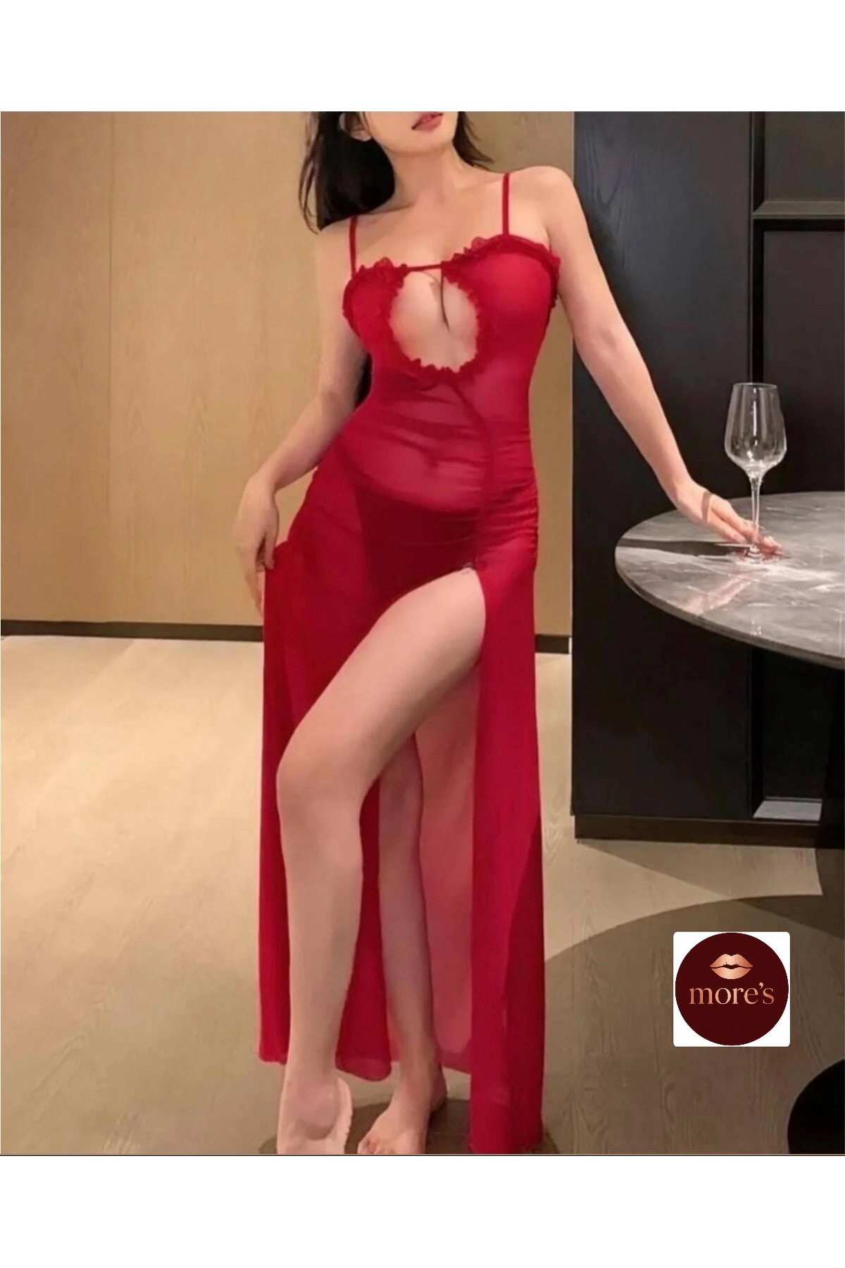 Mores Kırmızı Yırtmaçlı İnce Askılı Şifon Detaylı Gecelik