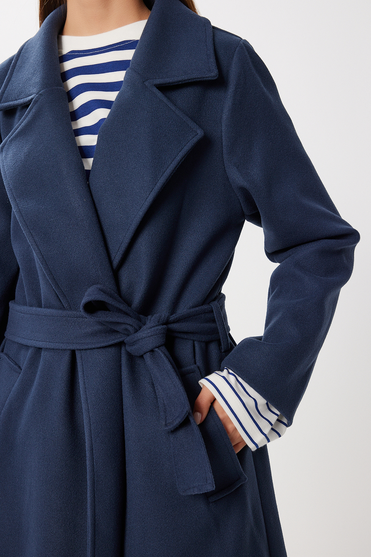 Lovelyİstanbul  Kruvaze Yaka Kuşaklı Kaşe Kaban LGP0030 LACİVERT - Görsel 6