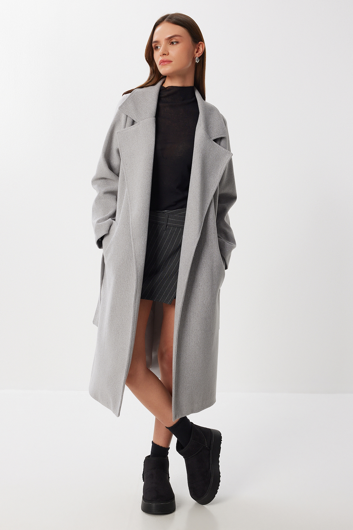 Lovelyİstanbul  Kruvaze Yaka Kuşaklı Kaşe Kaban LGP0030 GRİ