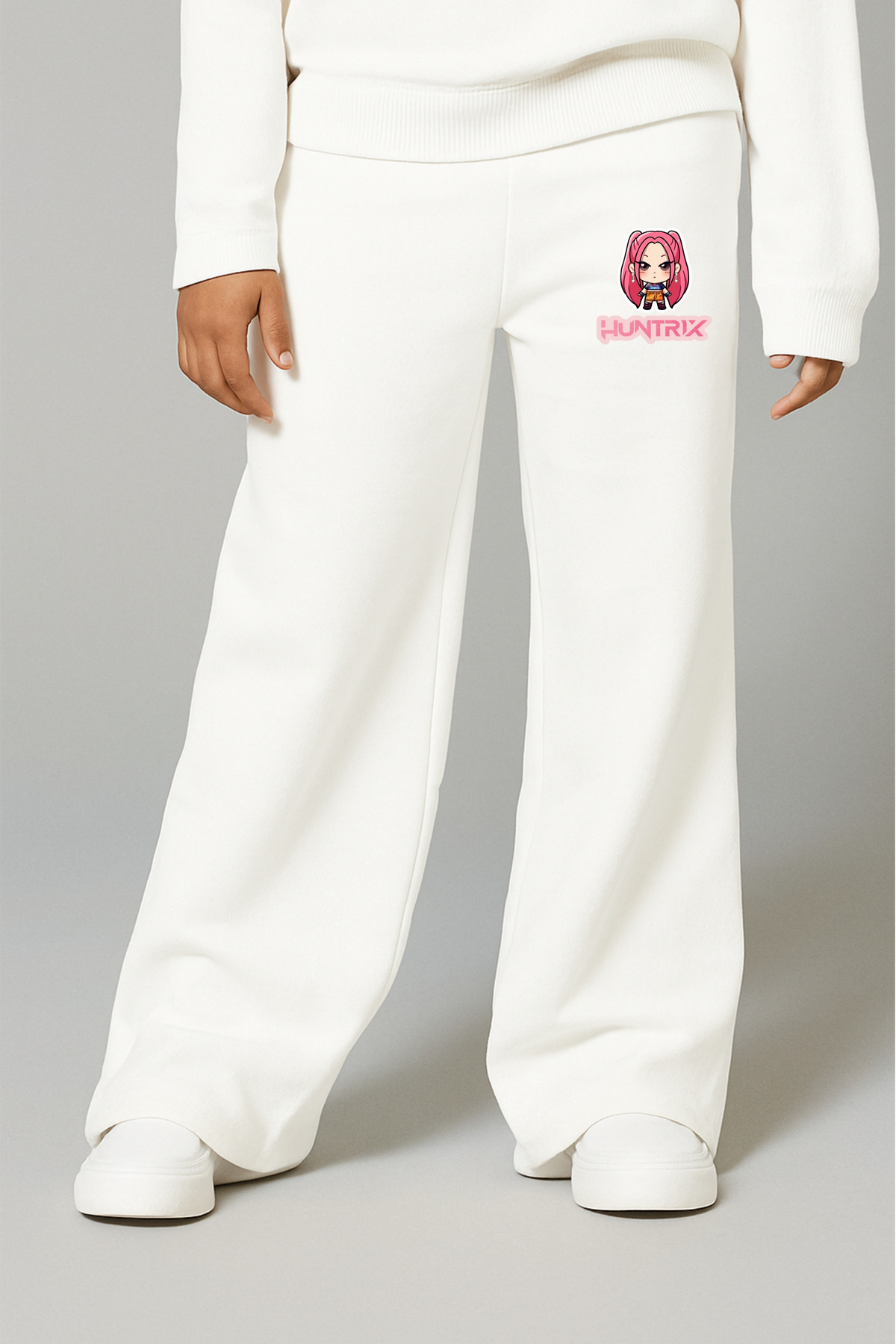 Kpop Demon Hunters Huntrix Mira Printed 3 Thread Girls Ecru Wide Leg Sweatpants – Comfortable