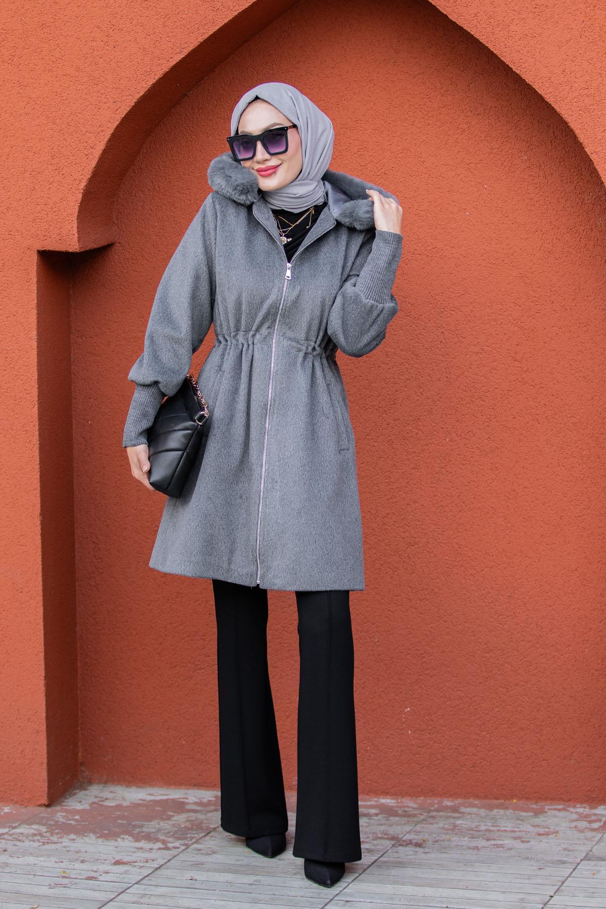 Tesettür Çarşım Lupi Kürk Kapşon İthal Angora Kaban-Antrasit