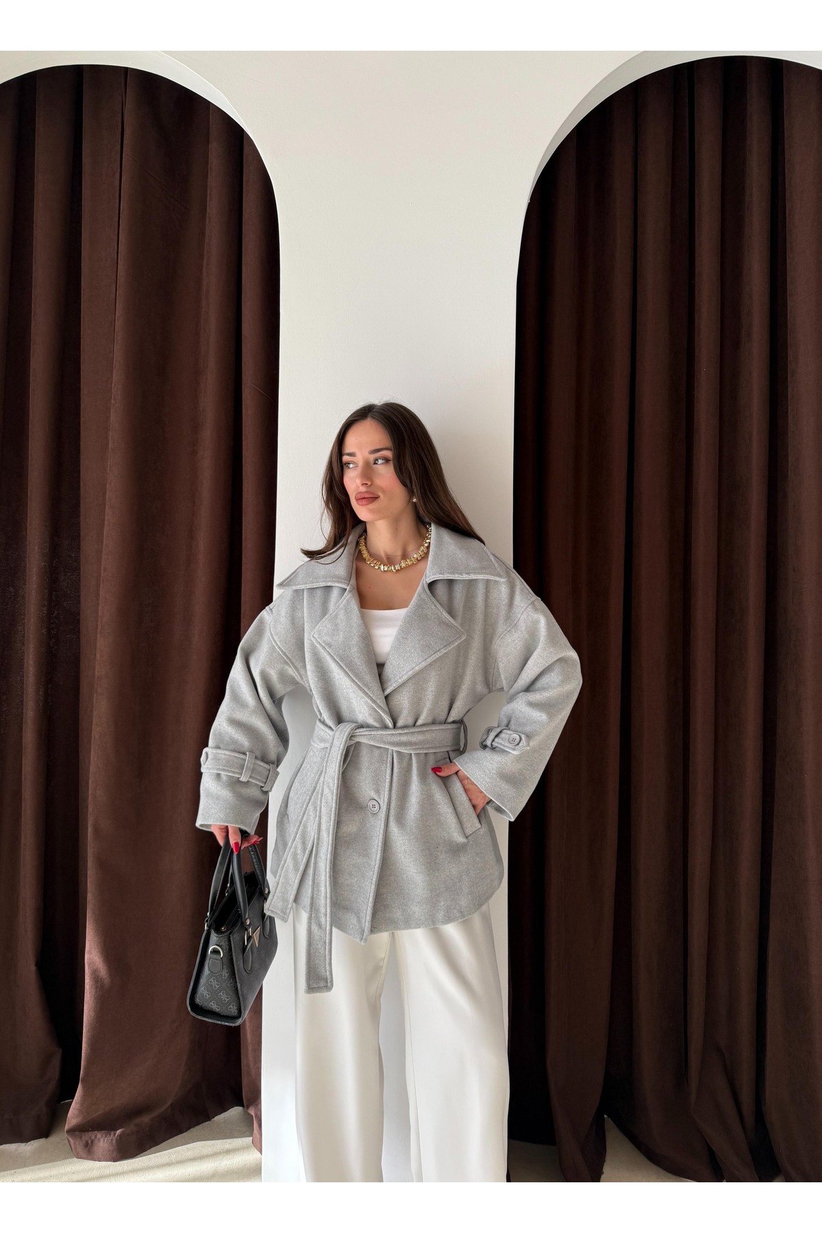 feme clothing Oversıze Kuşaklı Cepli Kısa Kaban görsel 8