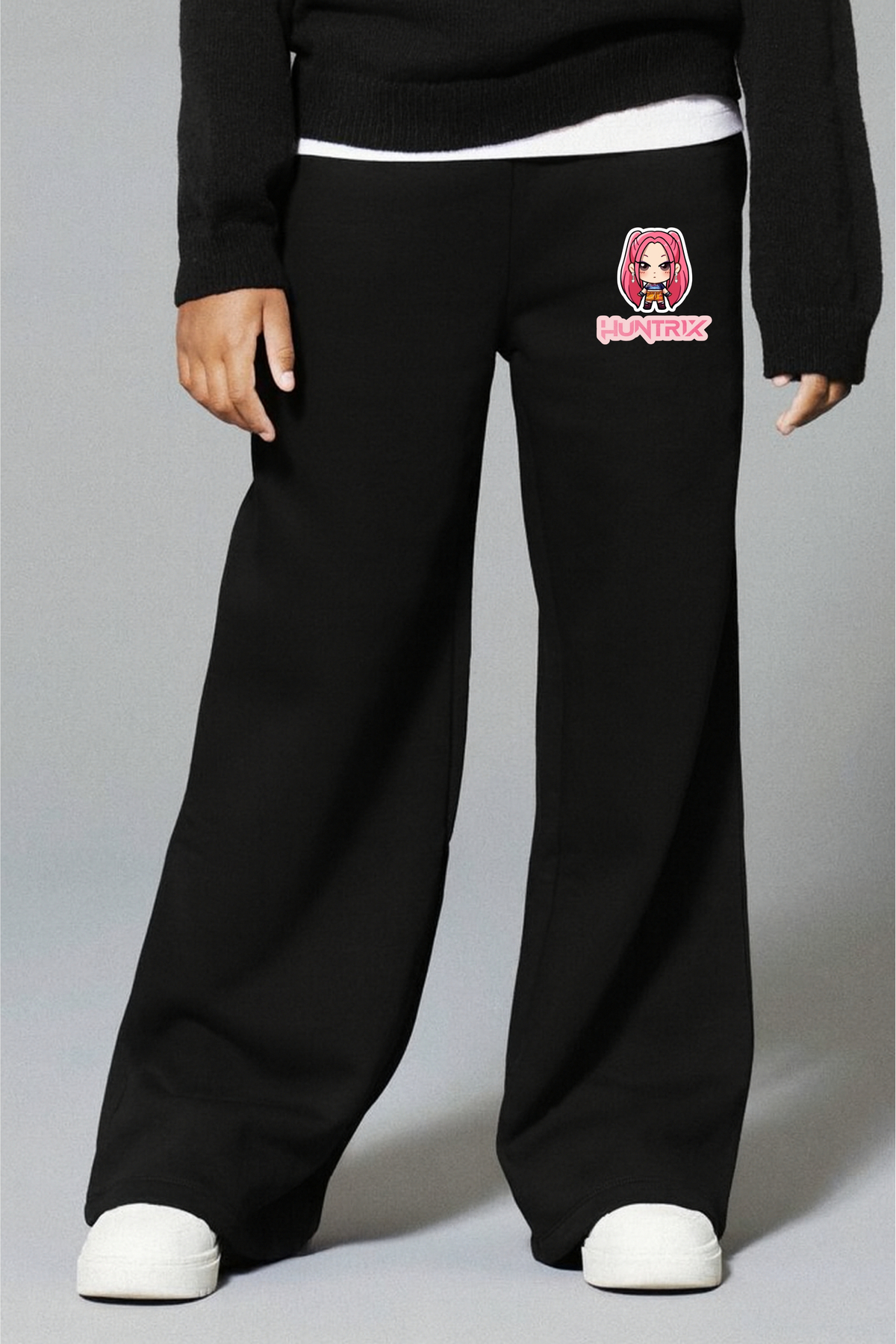 Kpop Demon Hunters Huntrix Mira Printed 3 Yarn Girls Black Wide Leg Joggers – Comfortable