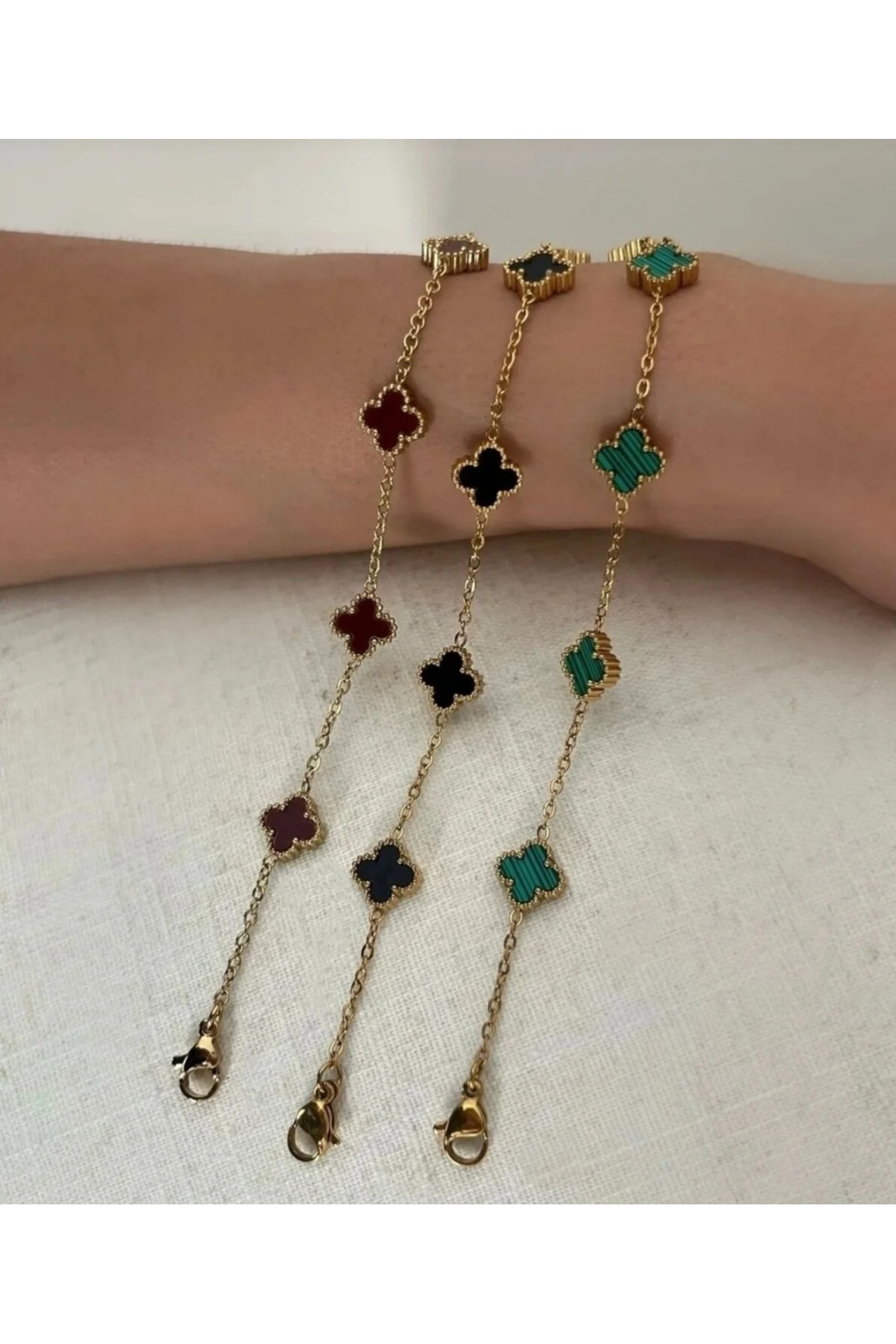 GUNESTAKI Özel Seri Mini Üçlü Çelik Yonca Bileklik Seti Bordo Siyah Yeşil