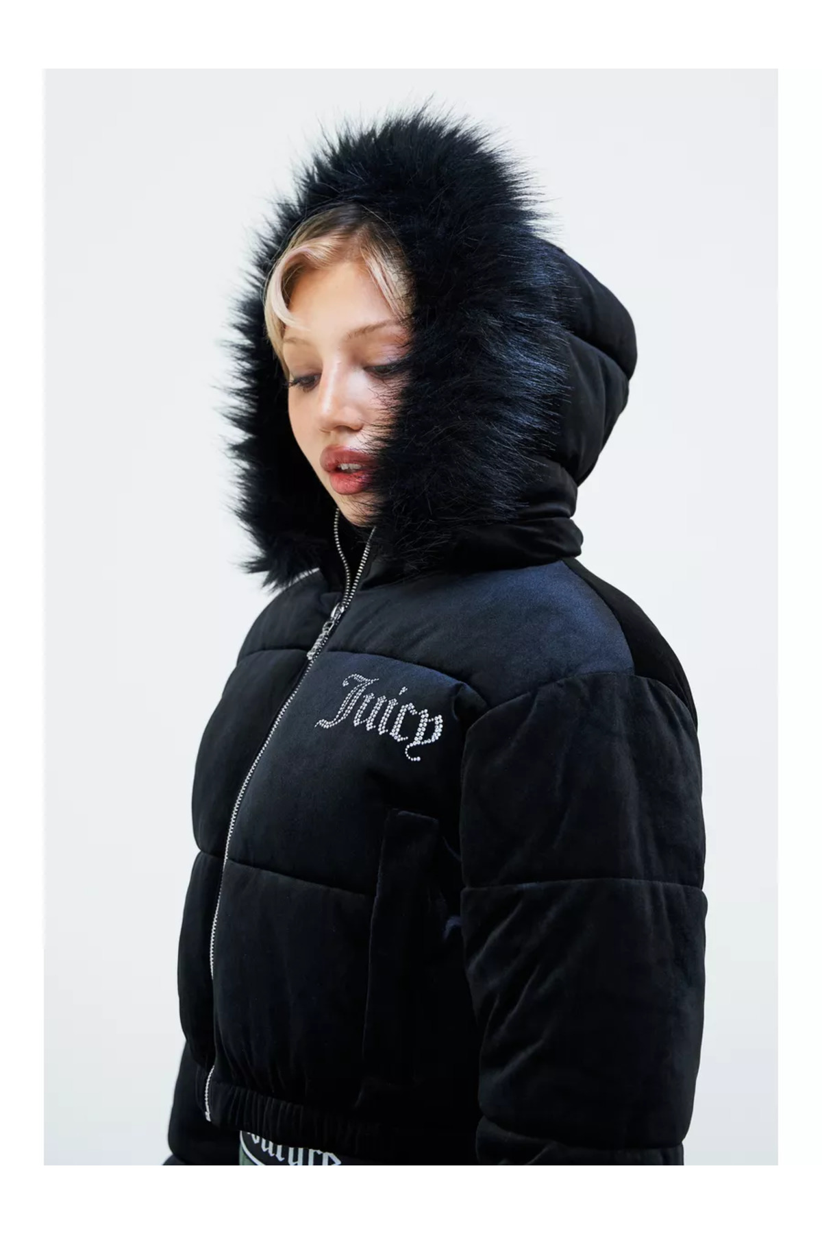 BALİNA  Siyah Juicy Taş Baskılı Şişme Bomber Crop Mont