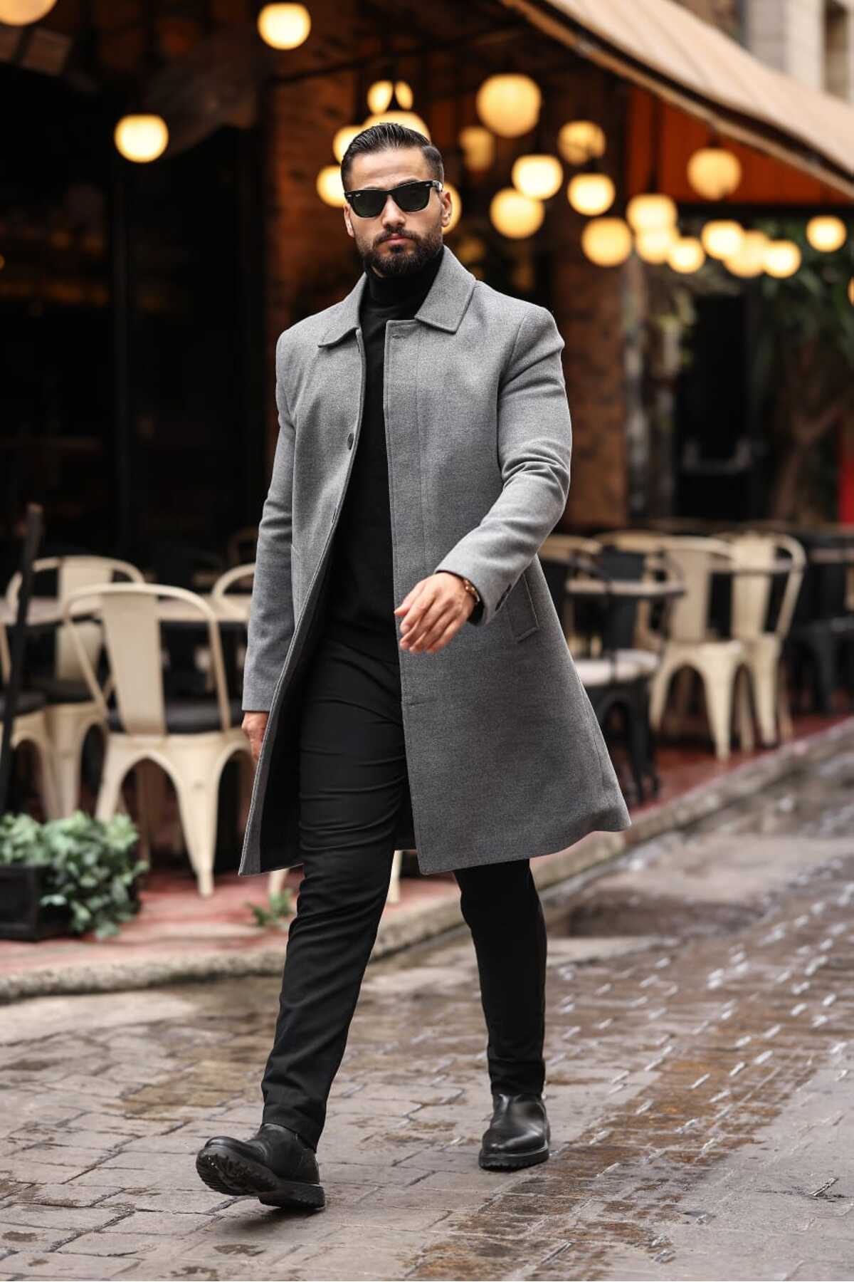 Erkek Modern Fit Gizli Düğme Detaylı Gri Kaşe Kaban — خاکستری 2505