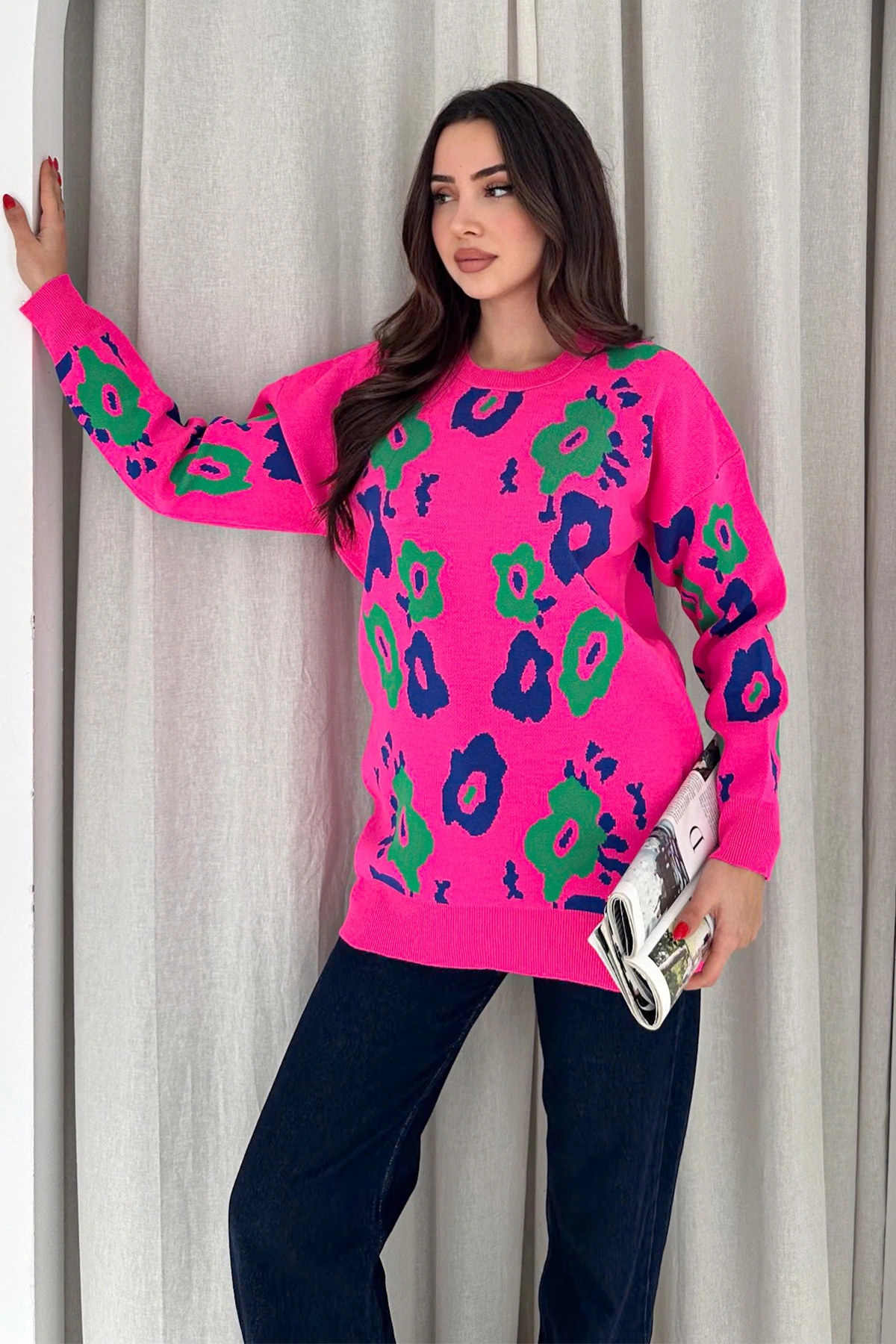ژاکت آستین بلند طرح گلدار ژاکت بافتنی صورتی 4