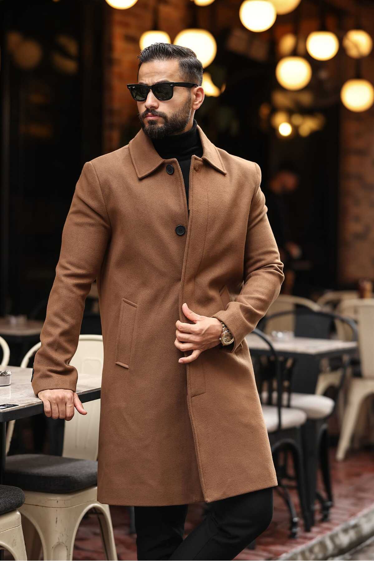 Erkek Modern Fit Gizli Düğme Detaylı Taba Kaşe Kaban — قهوه‌ای 2505 — تصویر 2 از 4