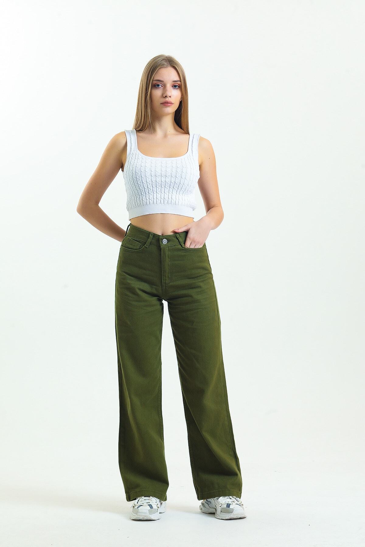 KAMİLKUNDURA  Haki Yüksek Bel Boyfriend Wide Leg Salaş Bol Paça Pantolon - Görsel 3