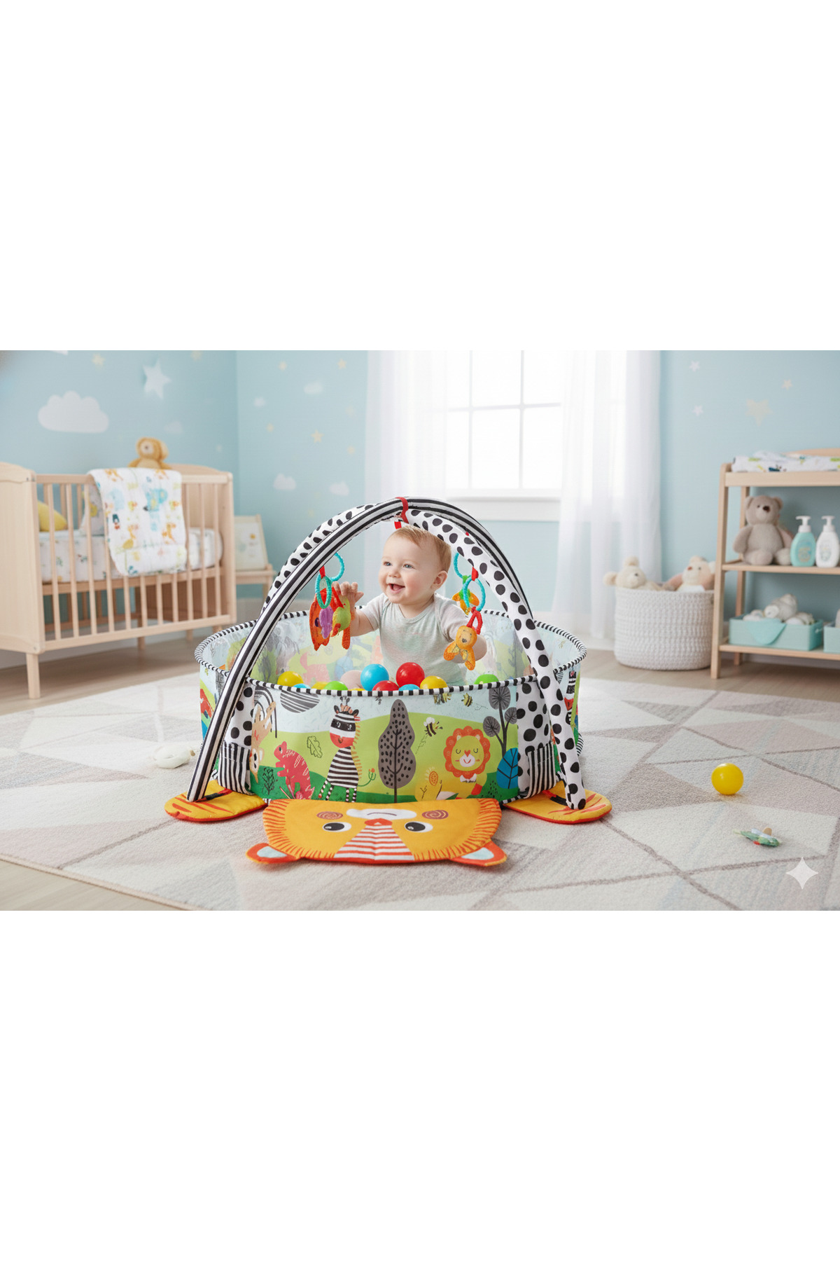 Jusso Sevimli Aslan Top Havuzuna Dönüşen Aktivite ve Oyun Halısı 3 in 1 fotoğrafı 3 (önizleme)