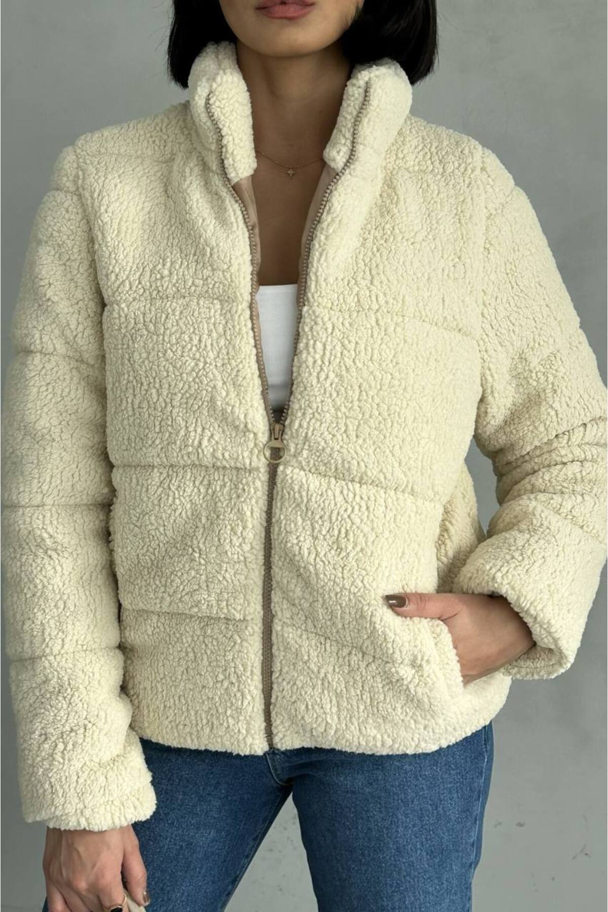 Damen Daunenjacke Plüsch Teddy-Stoff Beige - Görsel 4