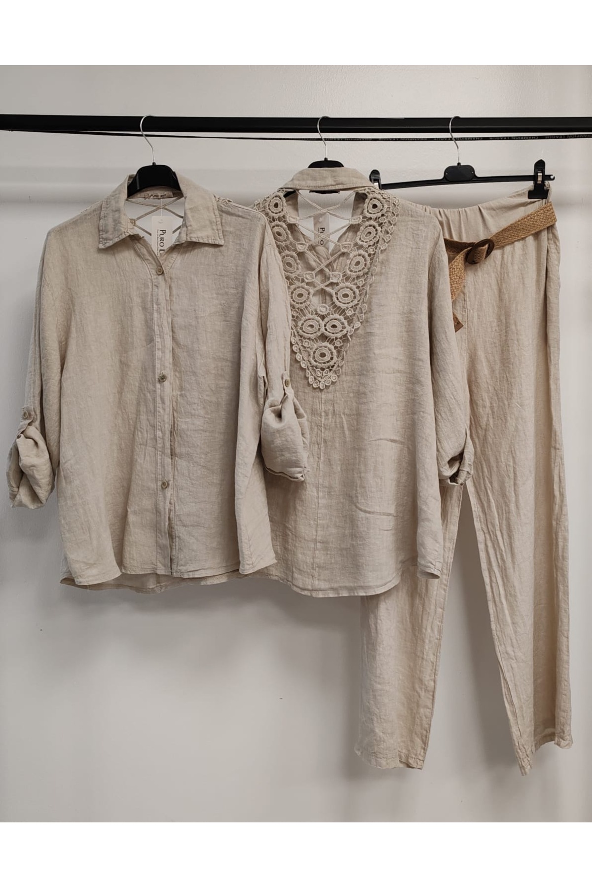 Women's Beige Italian Back Lace Linen Set with Pants and Shirt