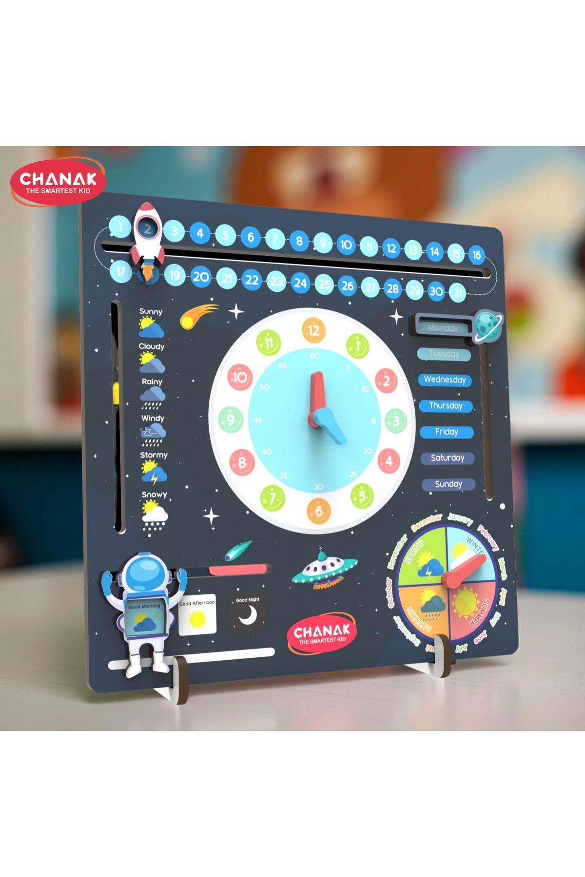 ساعت چوبی آموزشی فضایی برای کودکان | آموزش زمان، تاریخ، هفته، ماه و آب‌وهوا