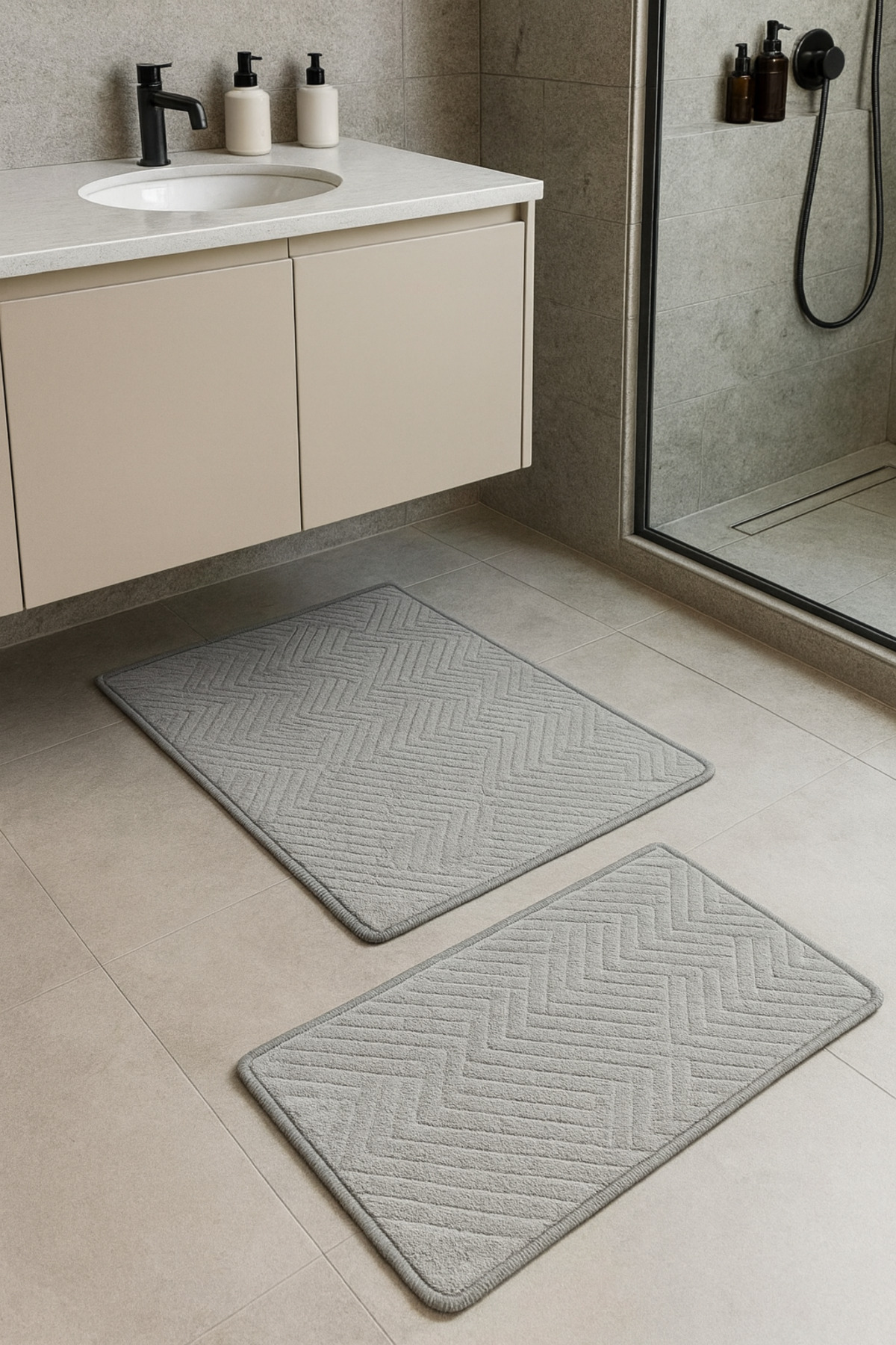 Bath Mat Set of 2 Gray Soft Anti-Slip Base Washable Stainproof60x100-40x60