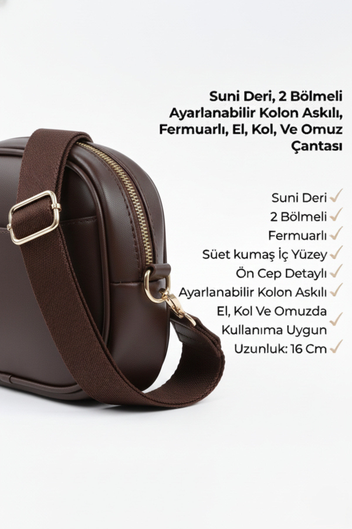 Suni Deri Fermuarlı 2 Bölmeli Ayarlanabilir Kolon Askılı Omuz Çantası